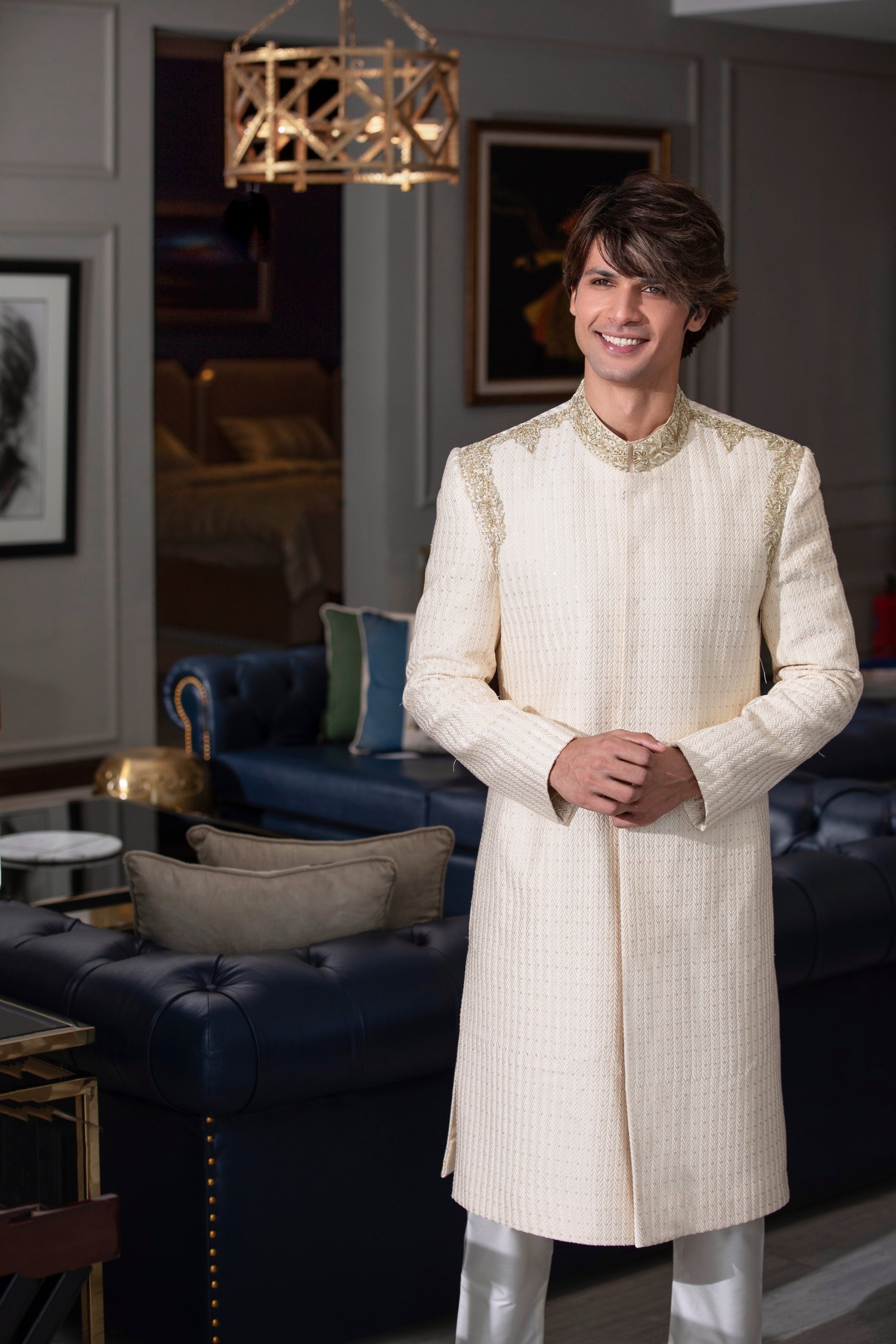 Cream Hand-Embroidered Silk-Blend Sherwani (2-Piece) - Image 2