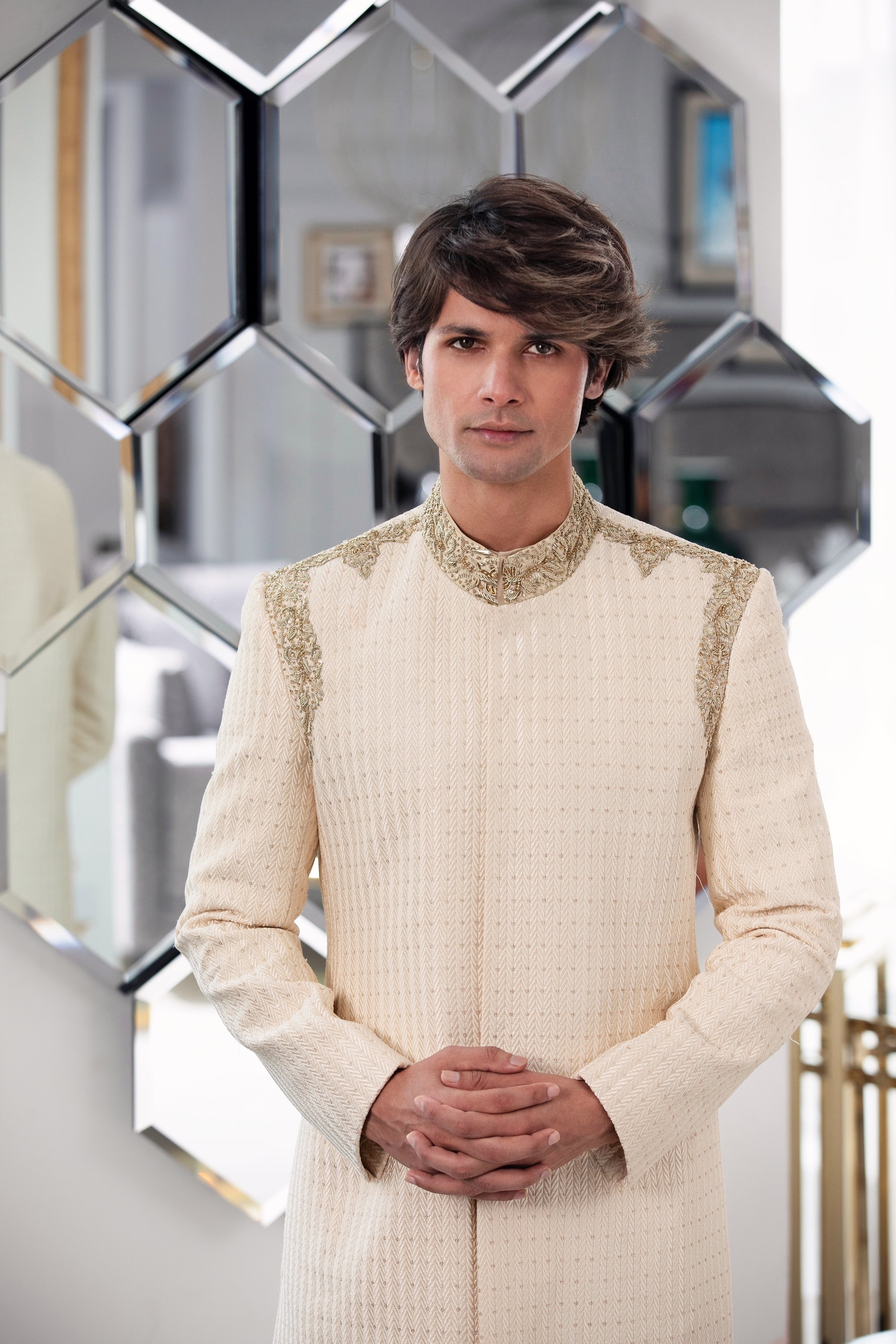Cream Hand-Embroidered Silk-Blend Sherwani (2-Piece) - Image 3