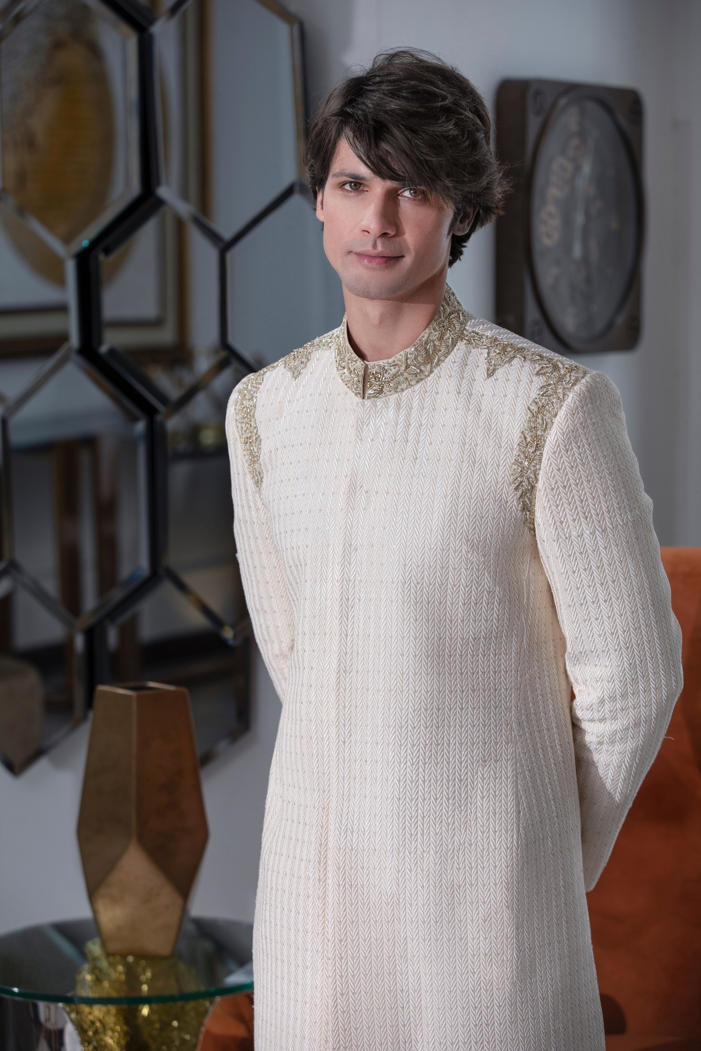 Cream Hand-Embroidered Silk-Blend Sherwani (2-Piece) - Image 5