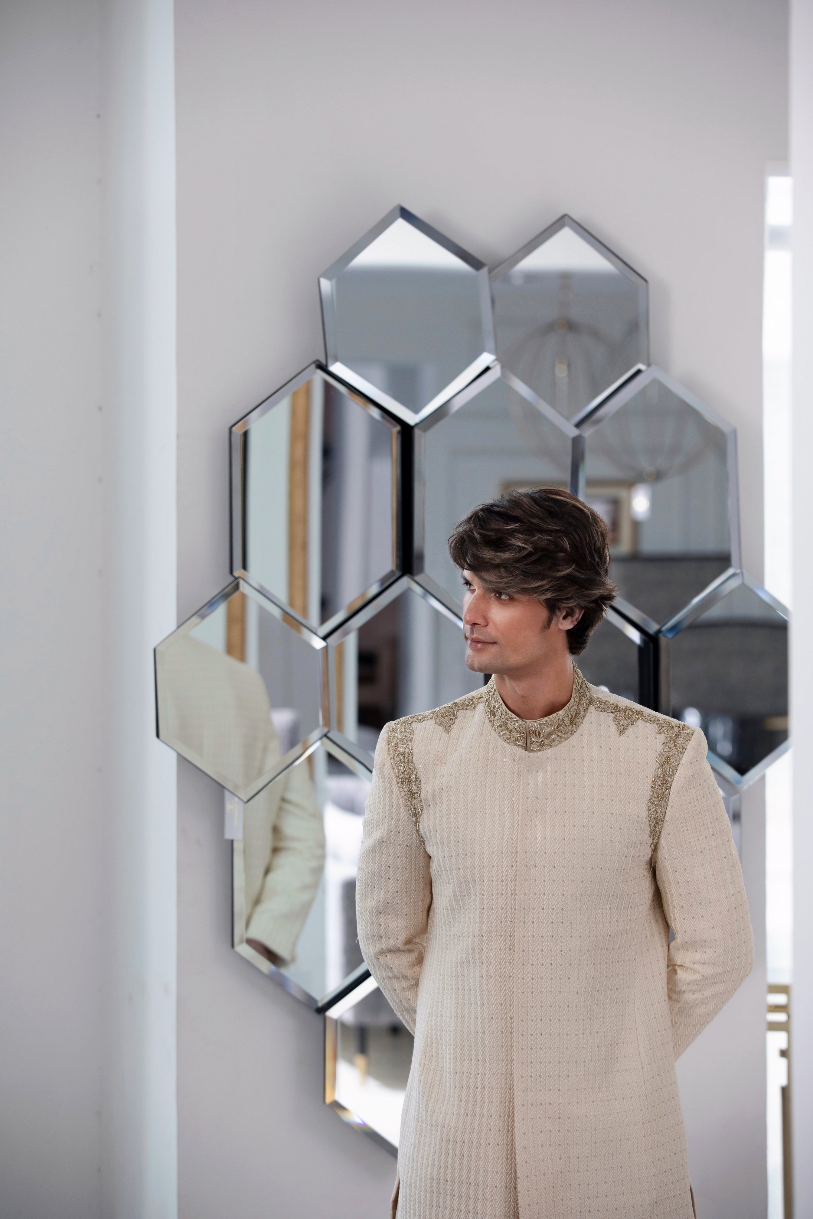 Cream Hand-Embroidered Silk-Blend Sherwani (2-Piece) - Image 6