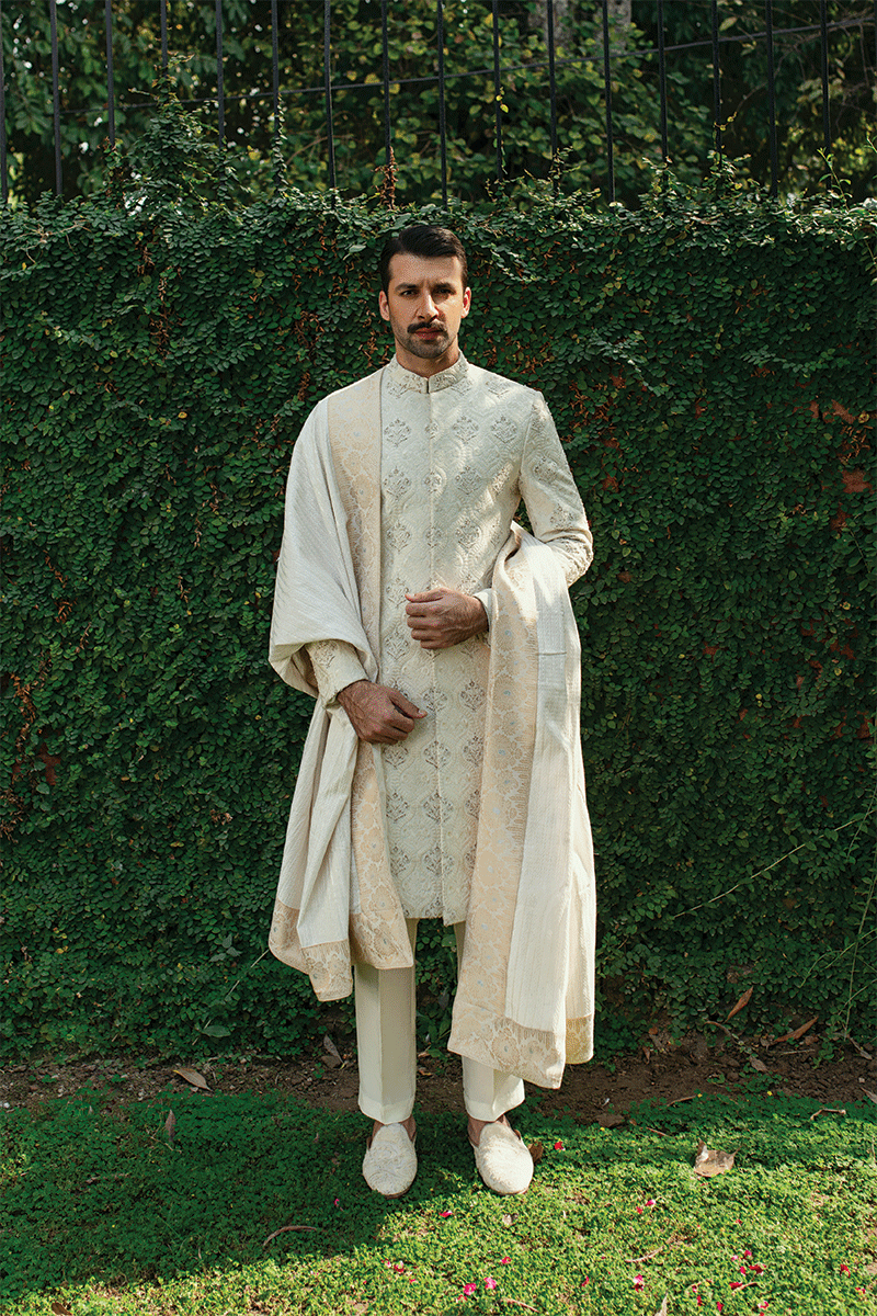 Ivory White Hand Embroidered Self-Damask Sherwani (3-Piece) - Image 1