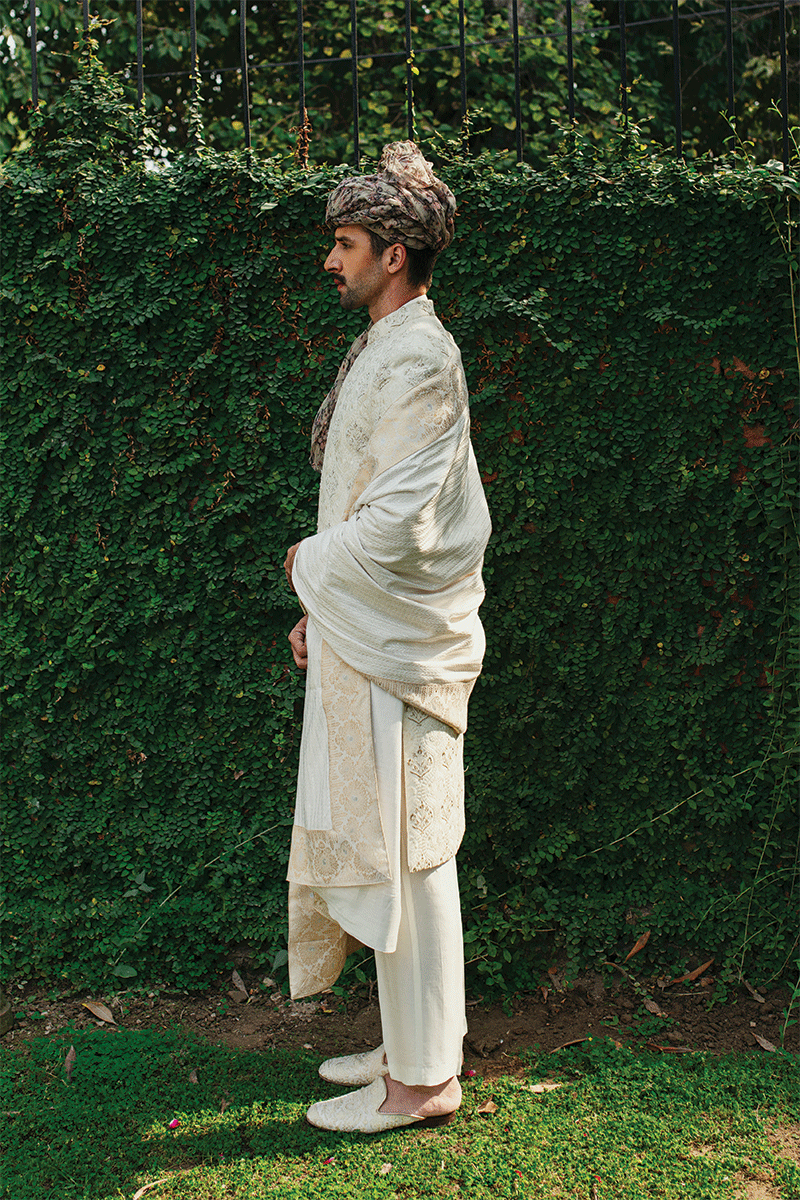 Ivory White Hand Embroidered Self-Damask Sherwani (3-Piece) - Image 2