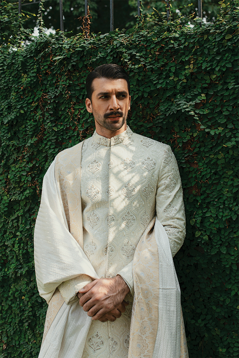 Ivory White Hand Embroidered Self-Damask Sherwani (3-Piece) - Image 3