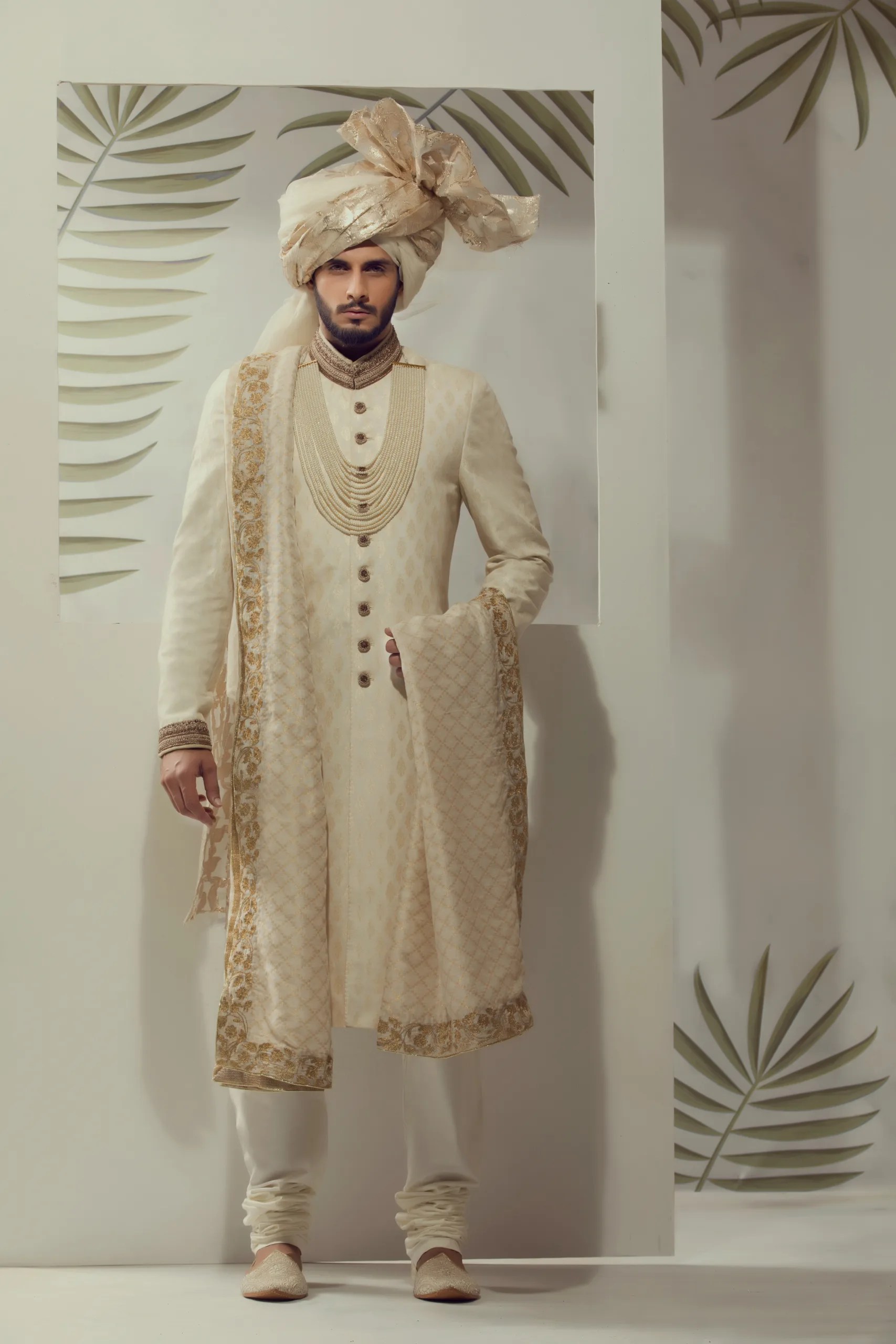 Ivory Jacquard Groom Sherwani with Hand Embroidery (3-Piece) - Image 1