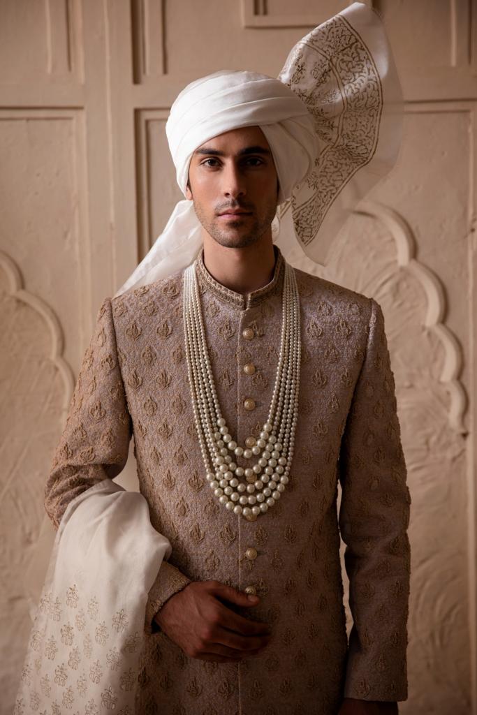 Antique White Jacquard Sherwani with Gold Motifs (3-Piece) - Image 1