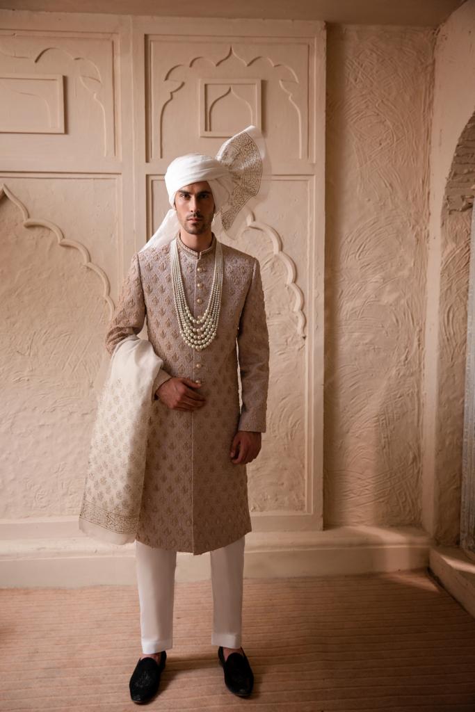 Antique White Jacquard Sherwani with Gold Motifs (3-Piece) - Image 3