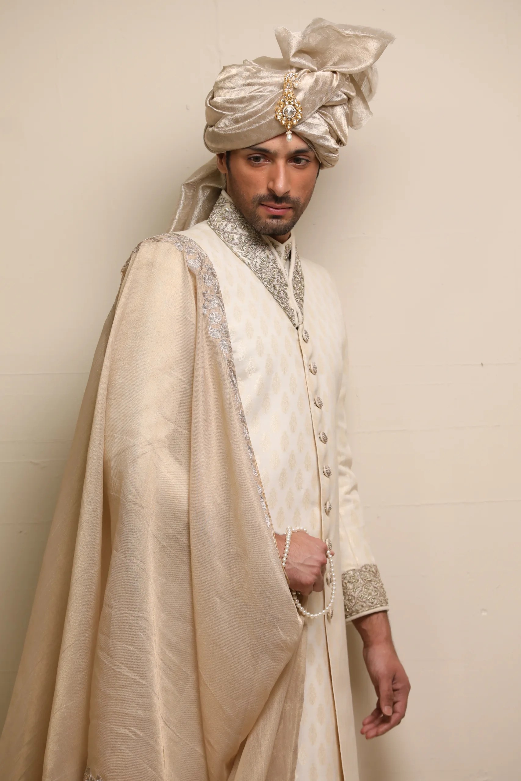 Off-White Jacquard Sherwani with Silver Embroidery (3-Piece) - Image 1