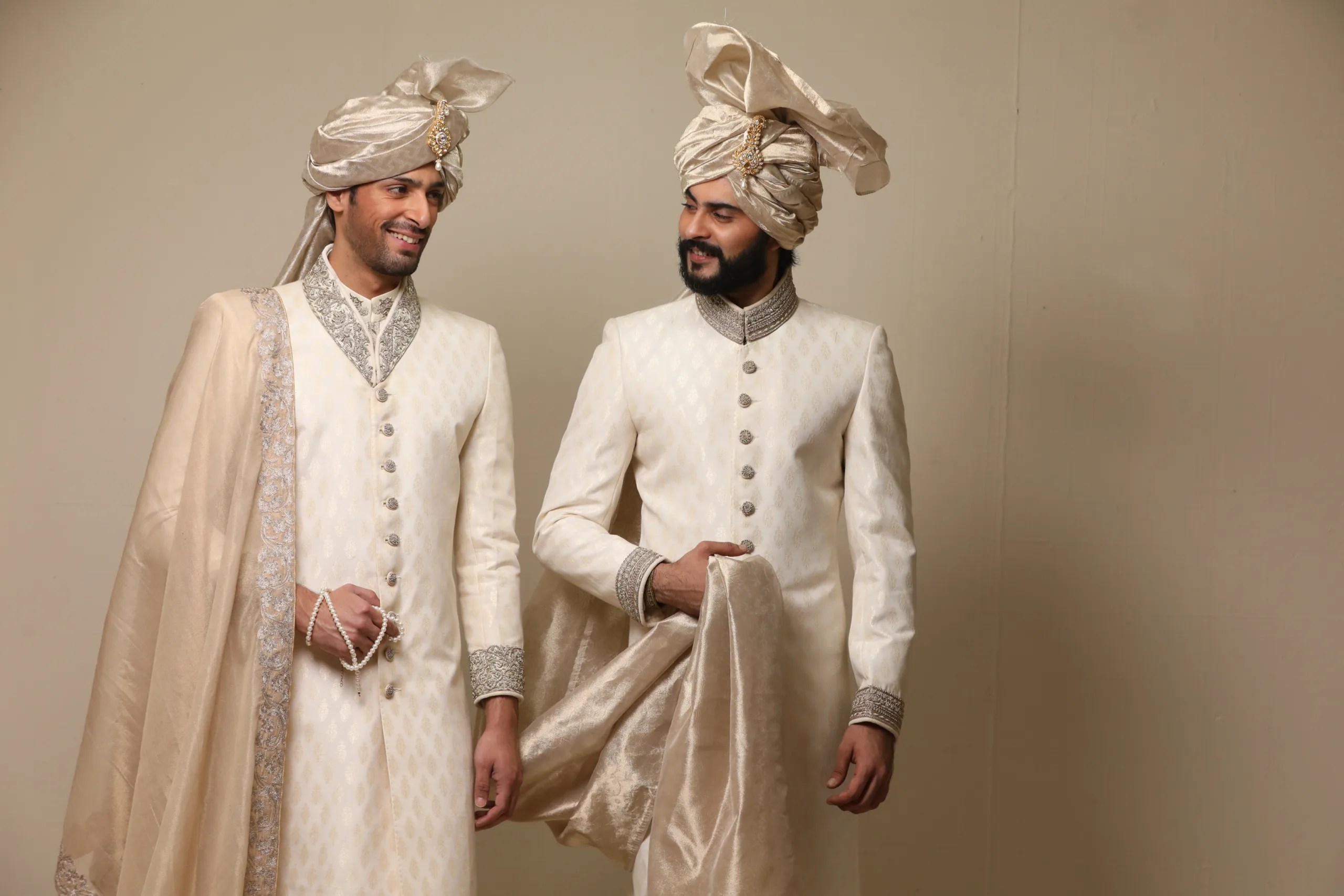 Off-White Jacquard Sherwani with Silver Embroidery (3-Piece) - Image 2