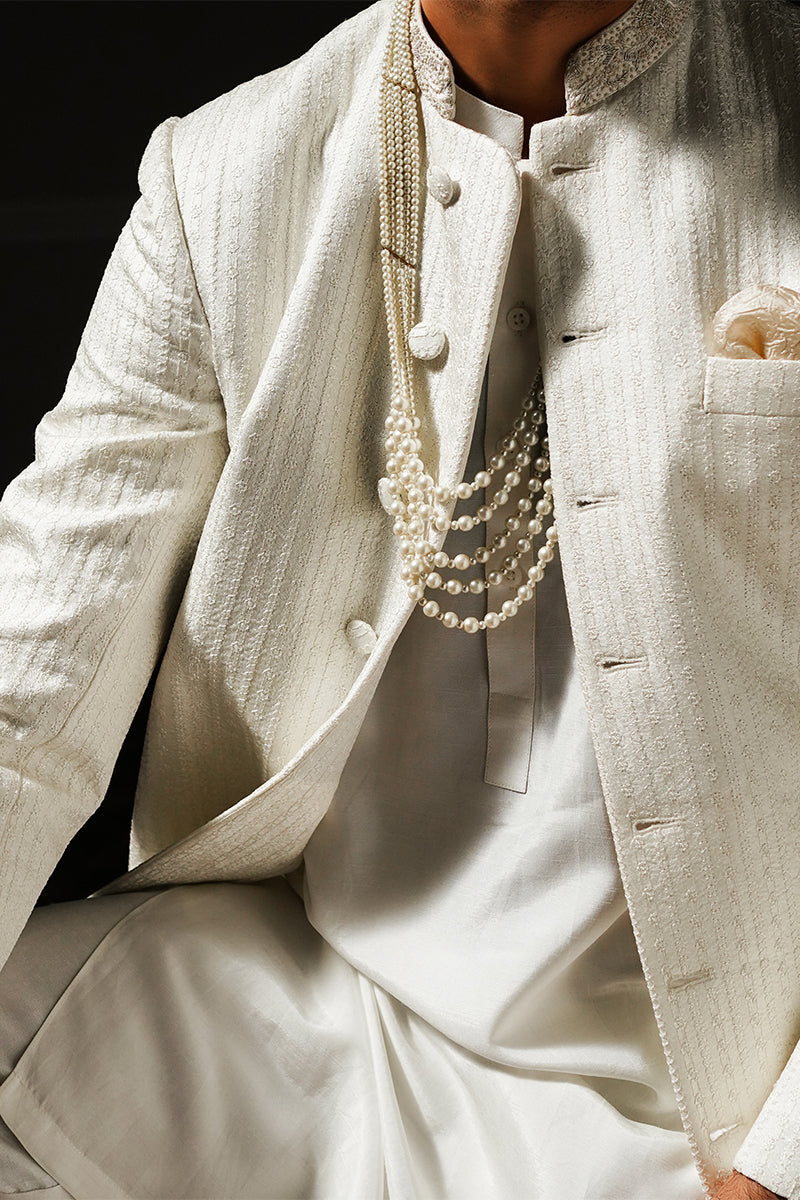 Ivory Linear Embroidered Silk-Blend Sherwani (2-Piece) - Image 6