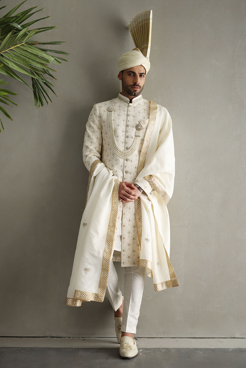 Ivory Kora Dabka Embroidered Sherwani (3-Piece) - Image 1