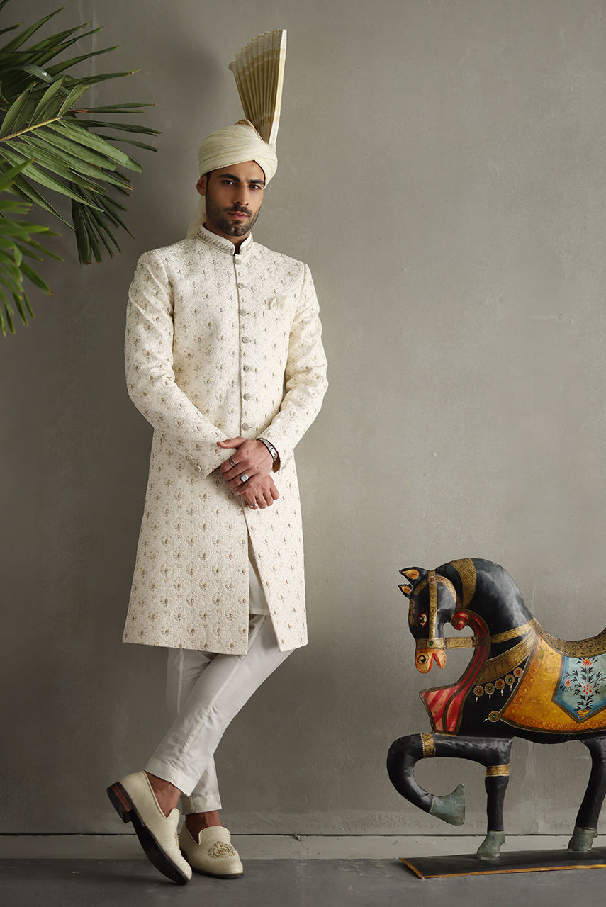 Ivory Kora Dabka Embroidered Sherwani (3-Piece) - Image 2