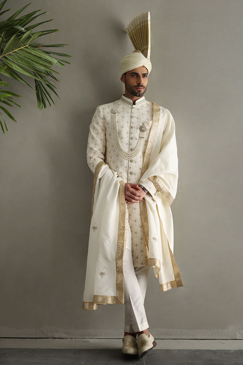Ivory Kora Dabka Embroidered Sherwani (3-Piece) - Image 3