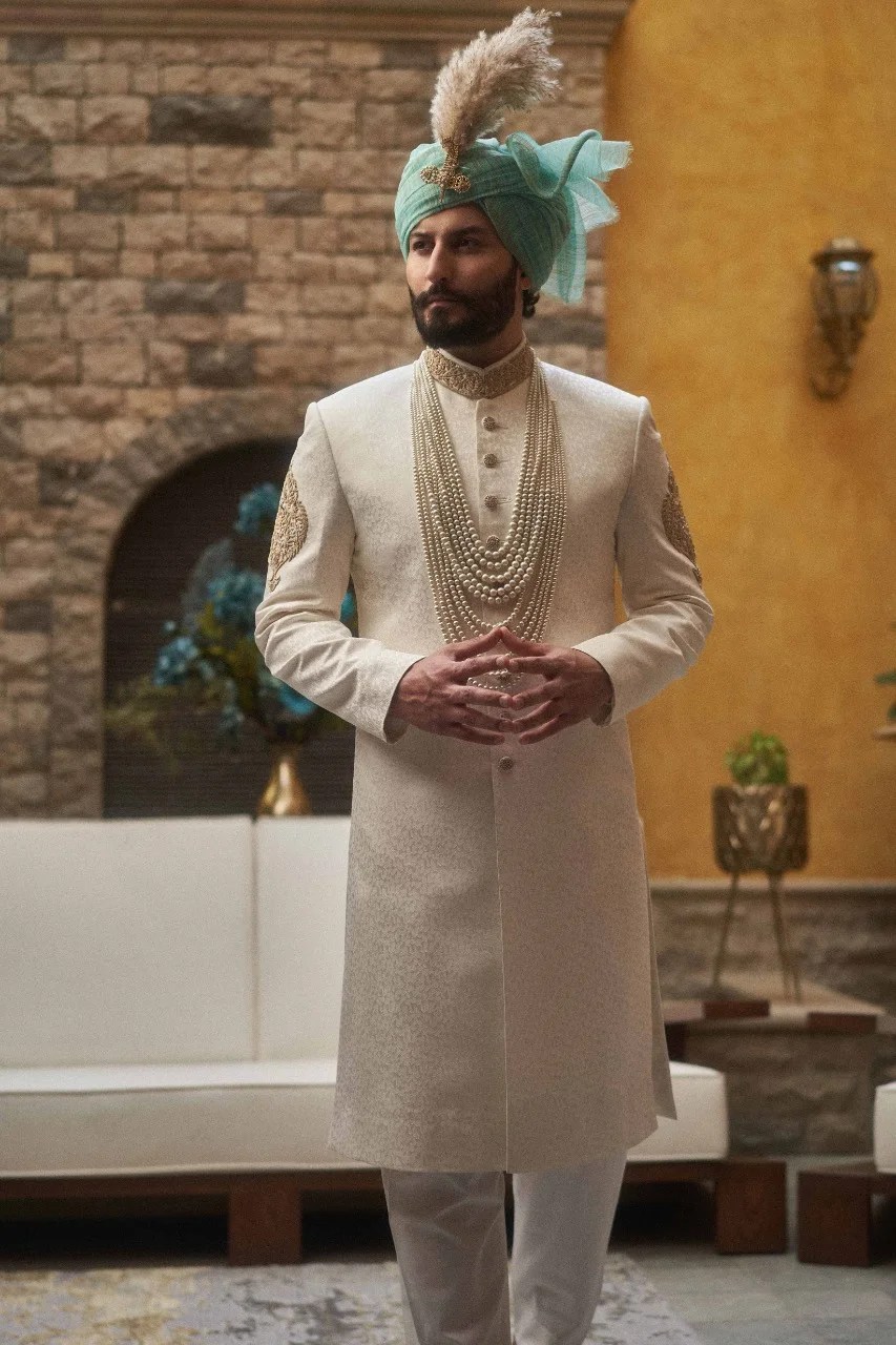 Off-White Lace Embroidered Silk-Blend Groom Sherwani (3-Piece) - Image 2