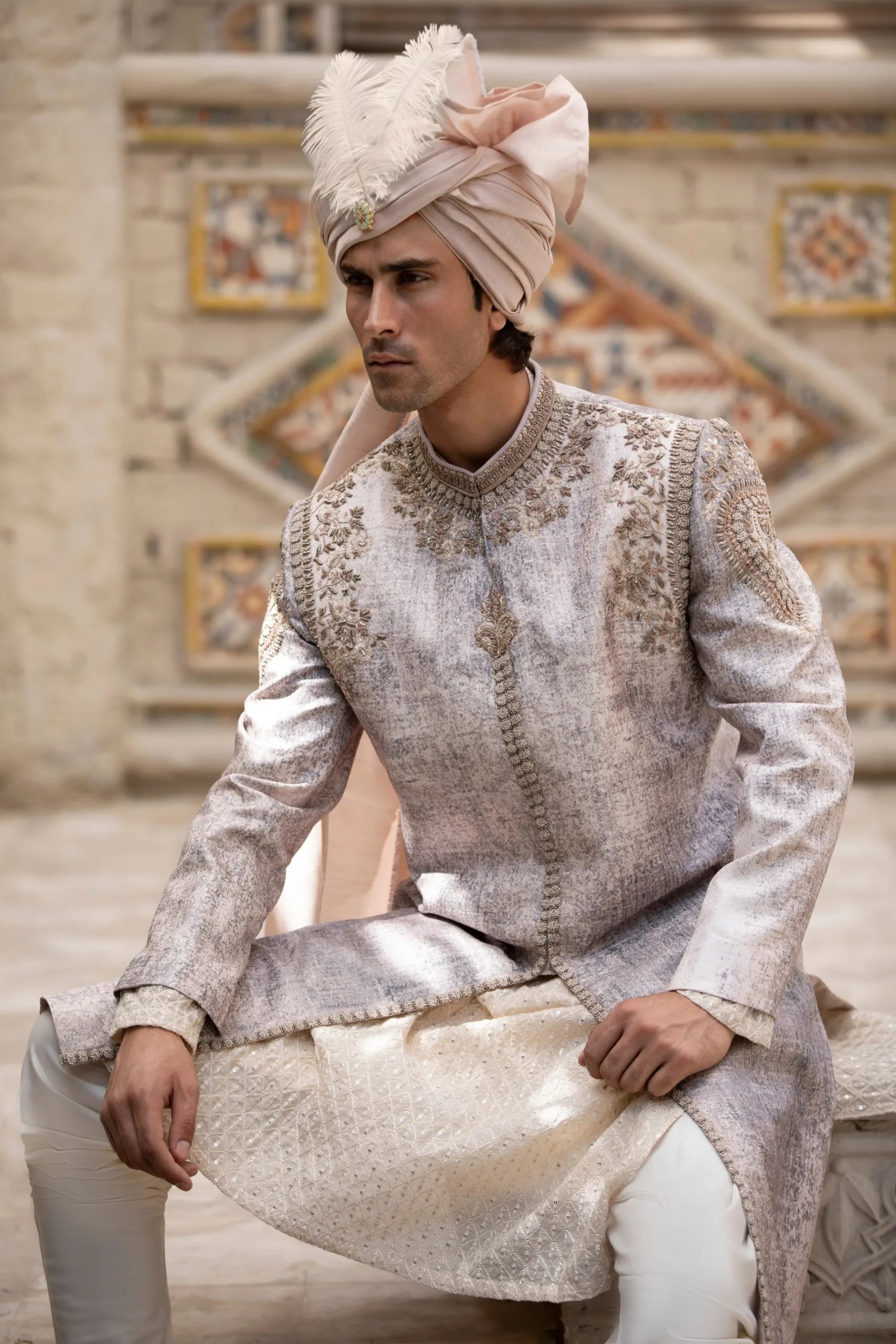 Ivory White Metallic Thread-Embroidered Silk-Blend Sherwani (2-Piece) - Image 1