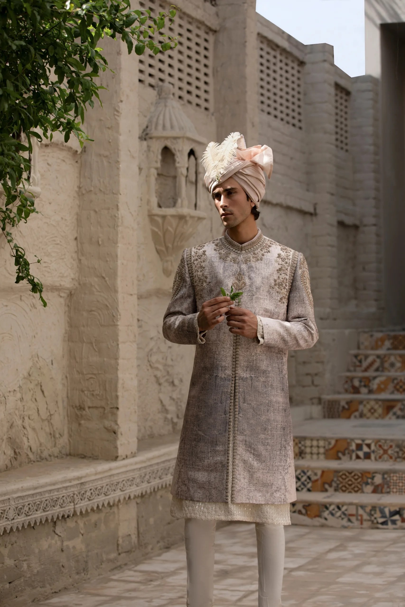 Ivory White Metallic Thread-Embroidered Silk-Blend Sherwani (2-Piece) - Image 2