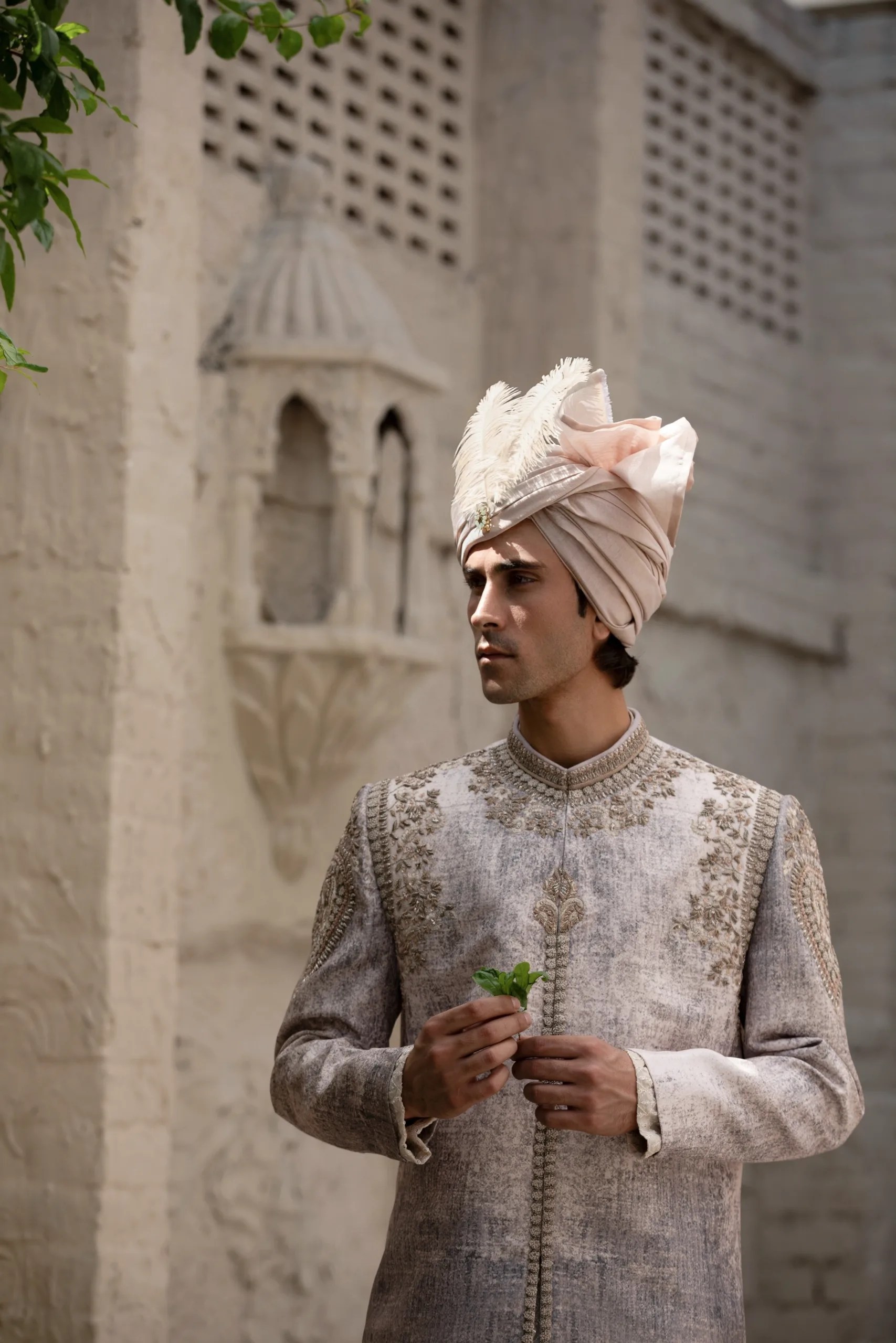 Ivory White Metallic Thread-Embroidered Silk-Blend Sherwani (2-Piece) - Image 3