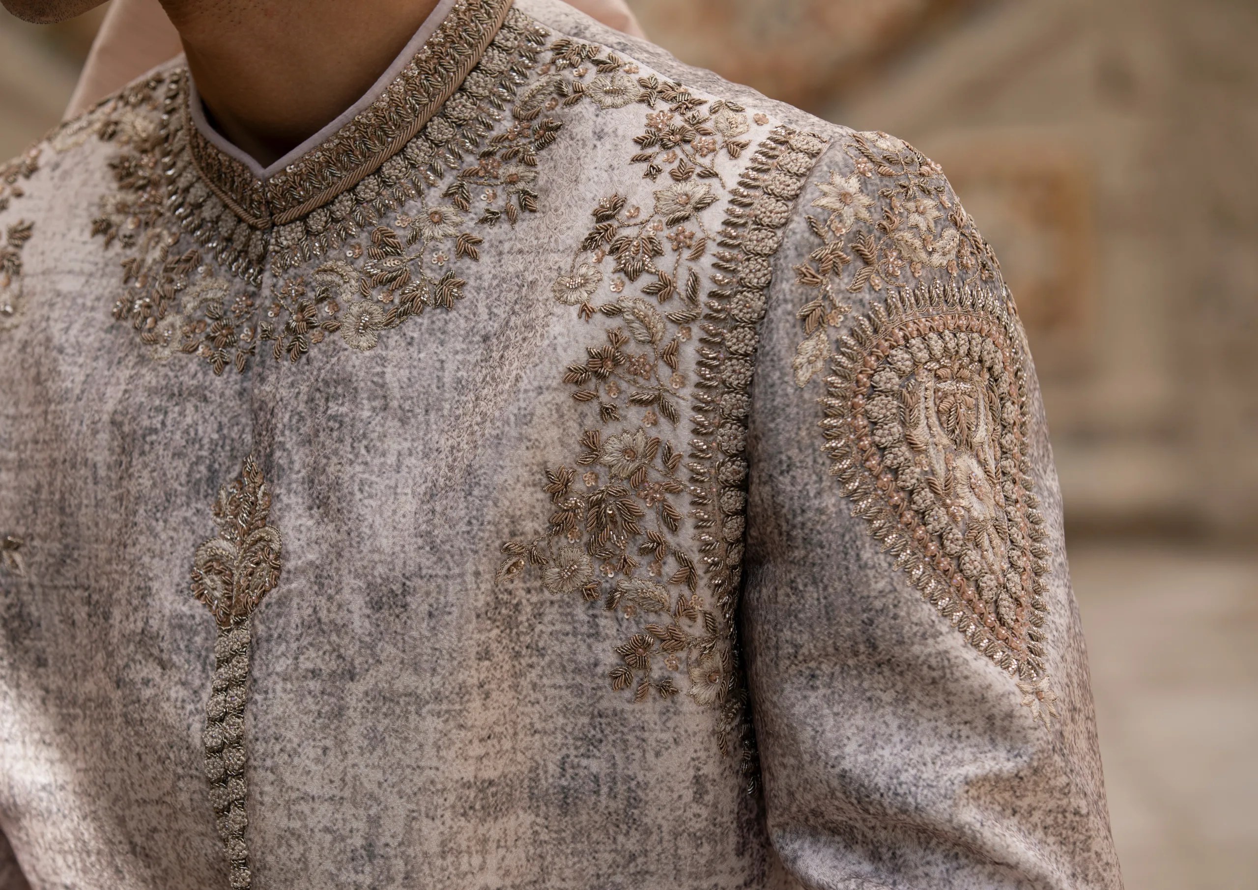 Ivory White Metallic Thread-Embroidered Silk-Blend Sherwani (2-Piece) - Image 6