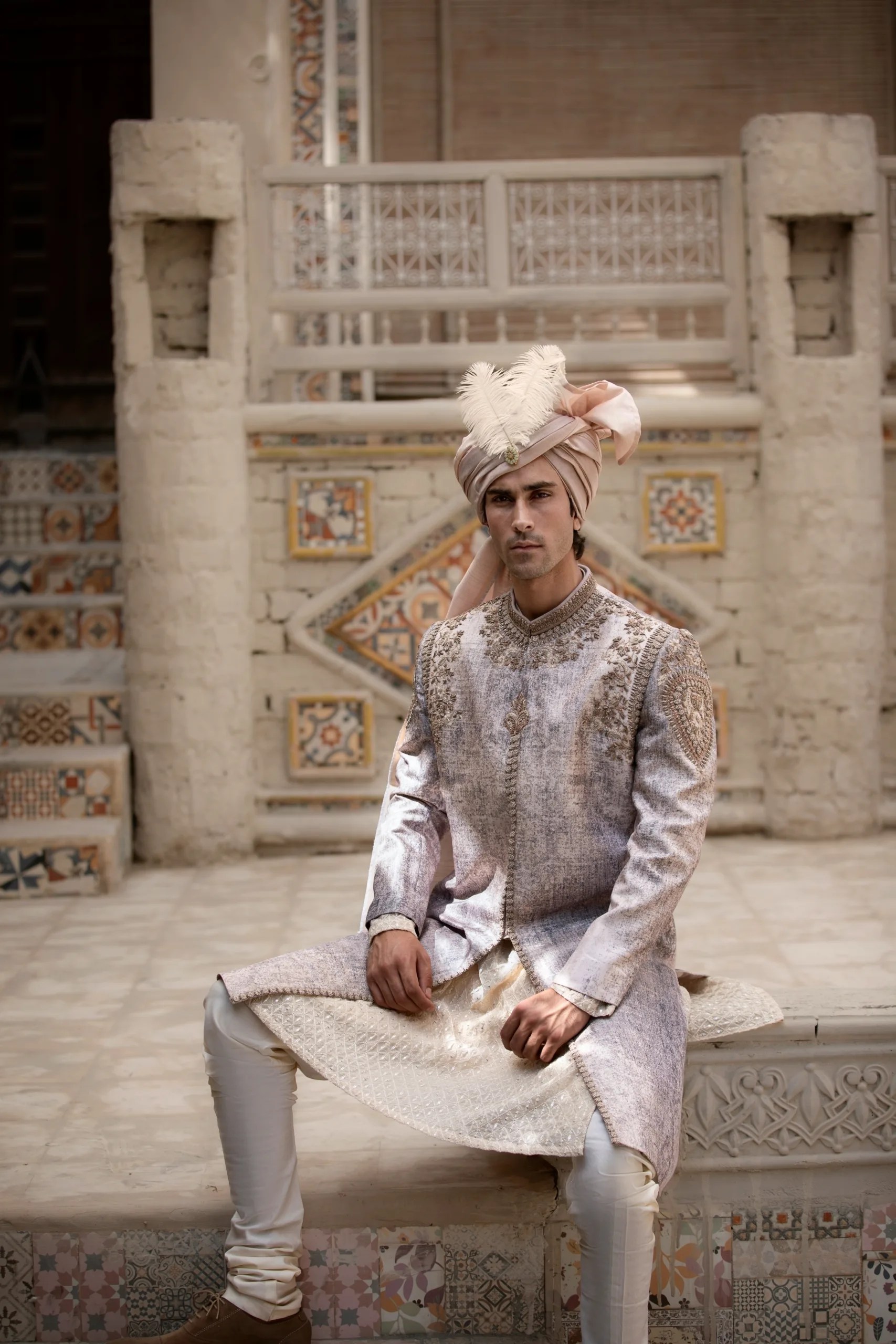 Ivory White Metallic Thread-Embroidered Silk-Blend Sherwani (2-Piece) - Image 8