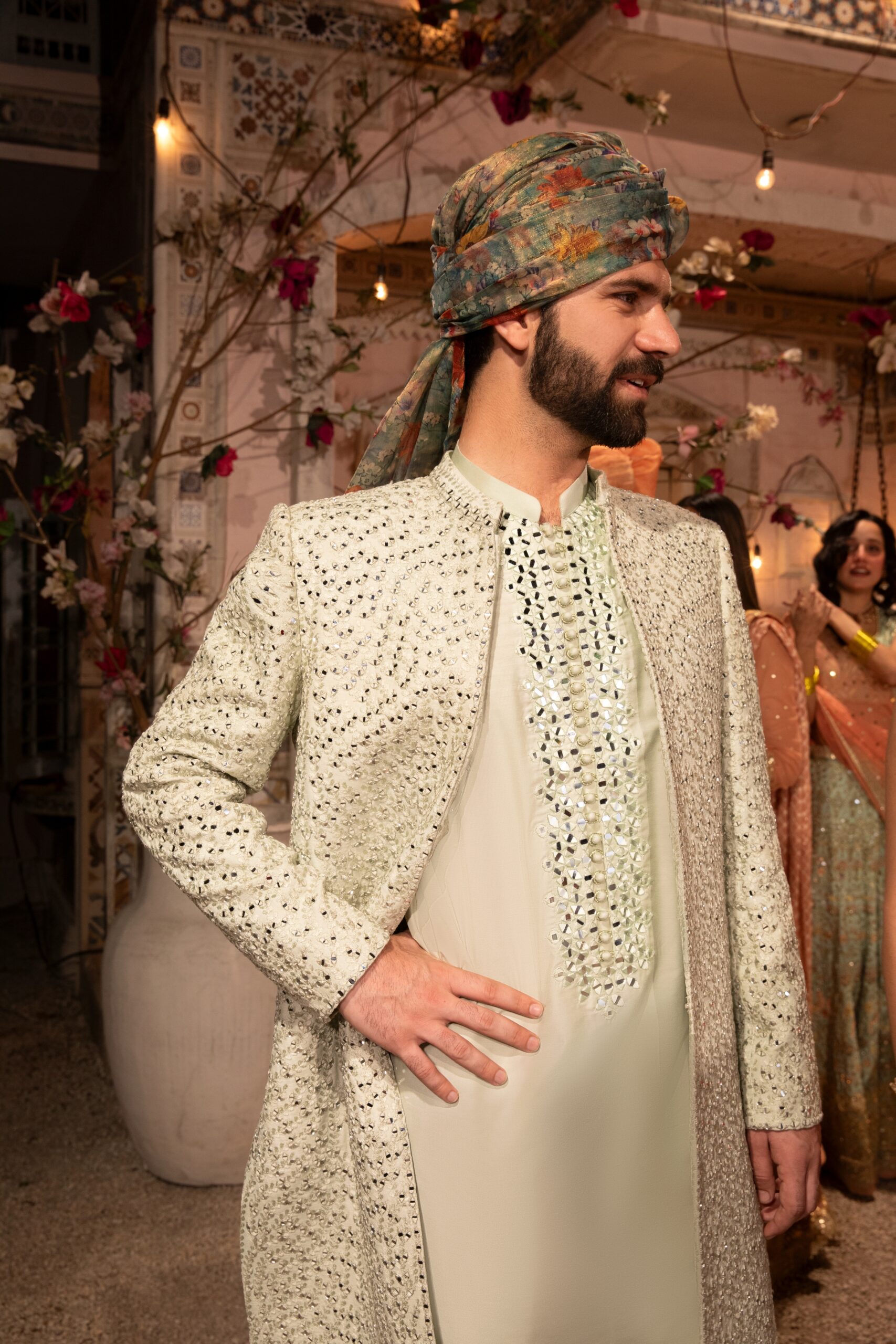 Light Pastel Ivory Mirror Embroidered Silk-Blend Sherwani (3-Piece) - Image 1