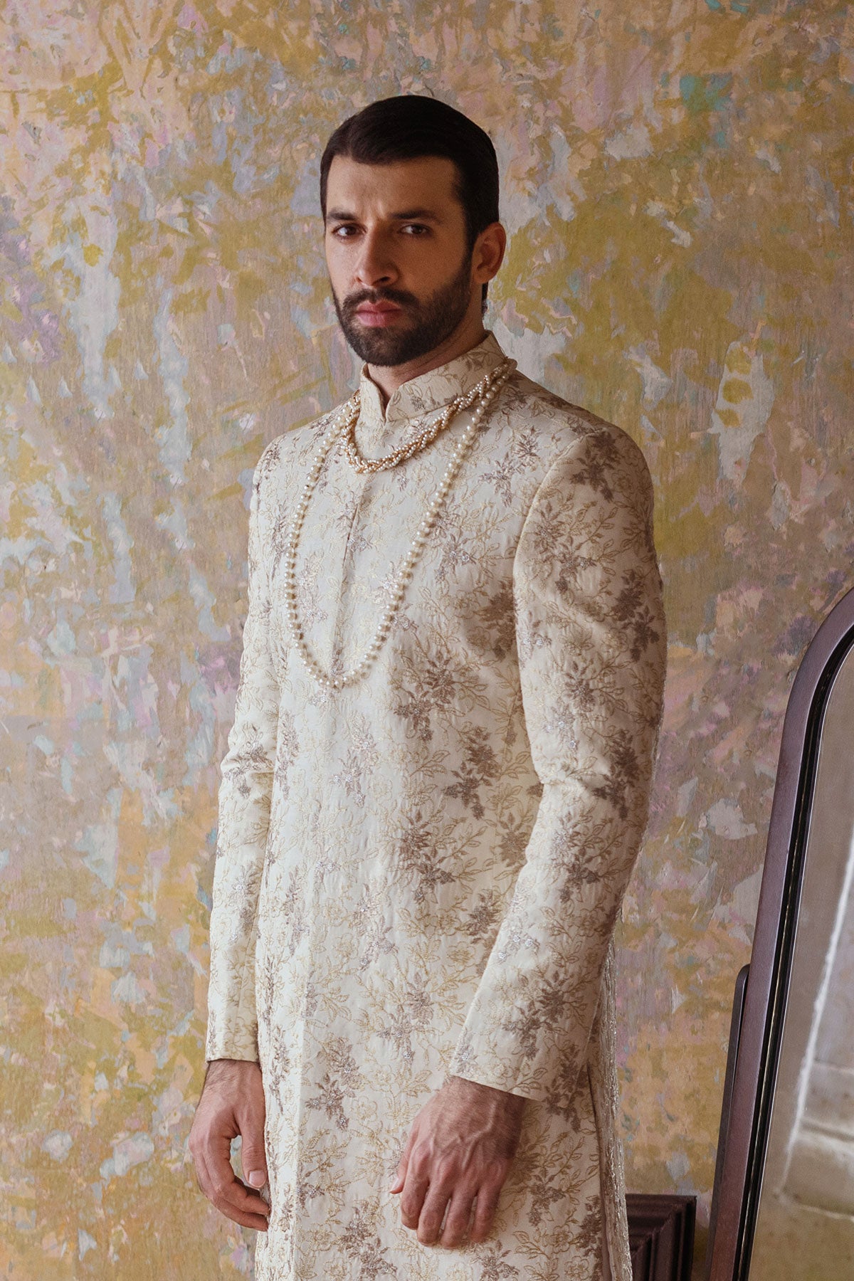Ivory Embroidered Silk-Blend Sherwani (2-Piece) - Image 1