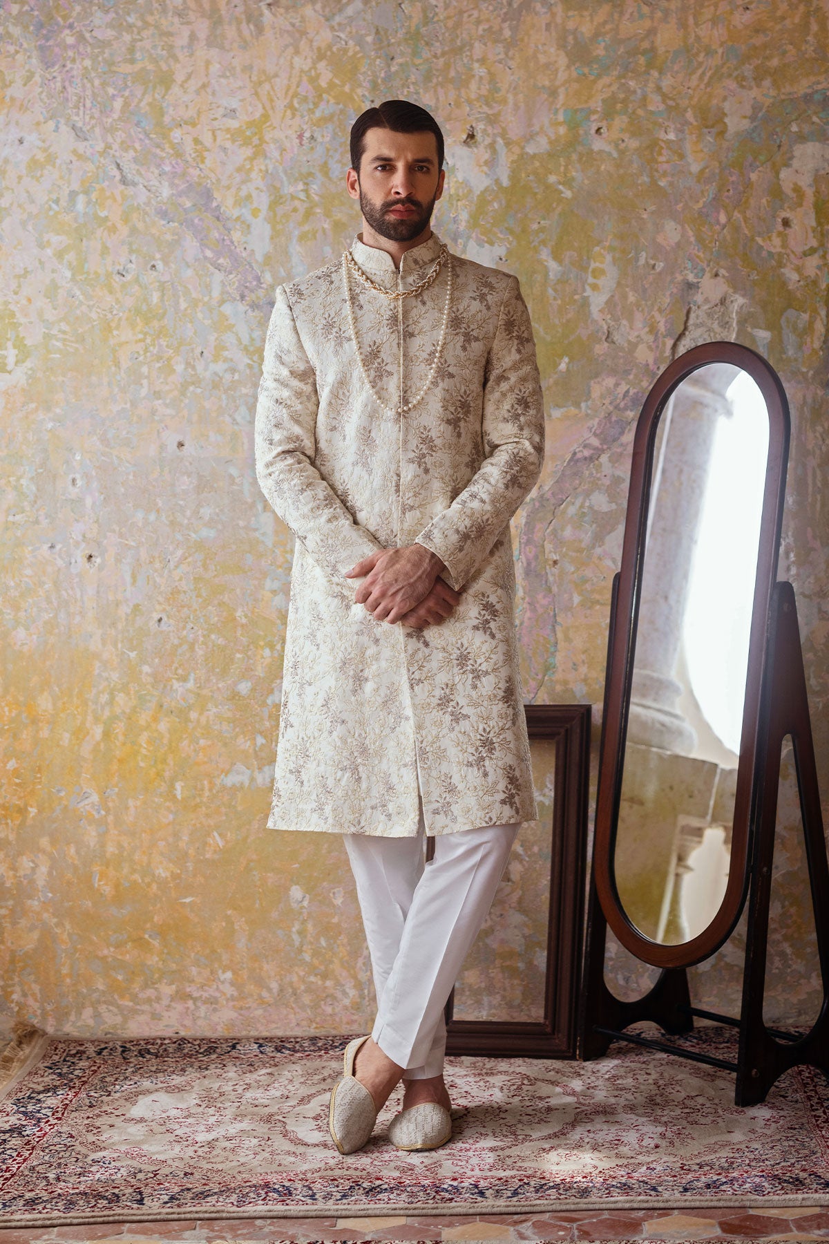 Ivory Embroidered Silk-Blend Sherwani (2-Piece) - Image 3