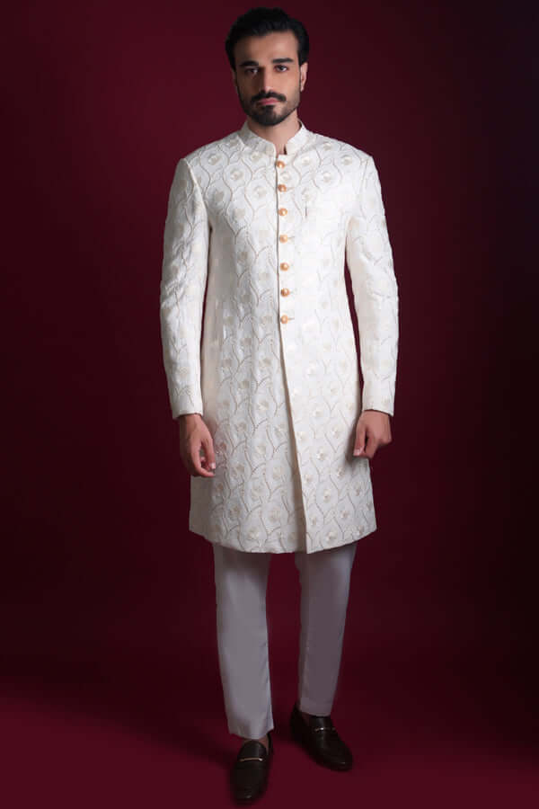 Off White Resham Embroidered Silk-Blend Sherwani (3-Piece) - Image 1