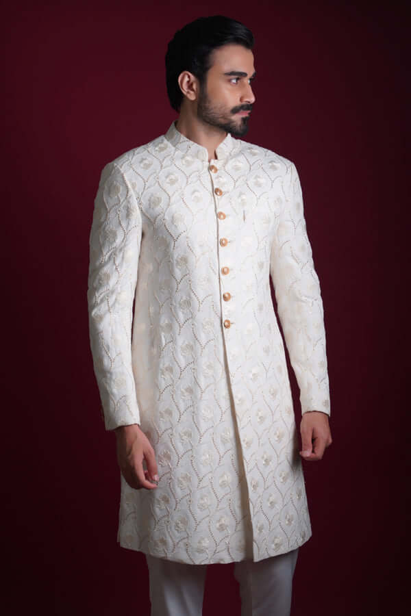 Off White Resham Embroidered Silk-Blend Sherwani (3-Piece) - Image 3