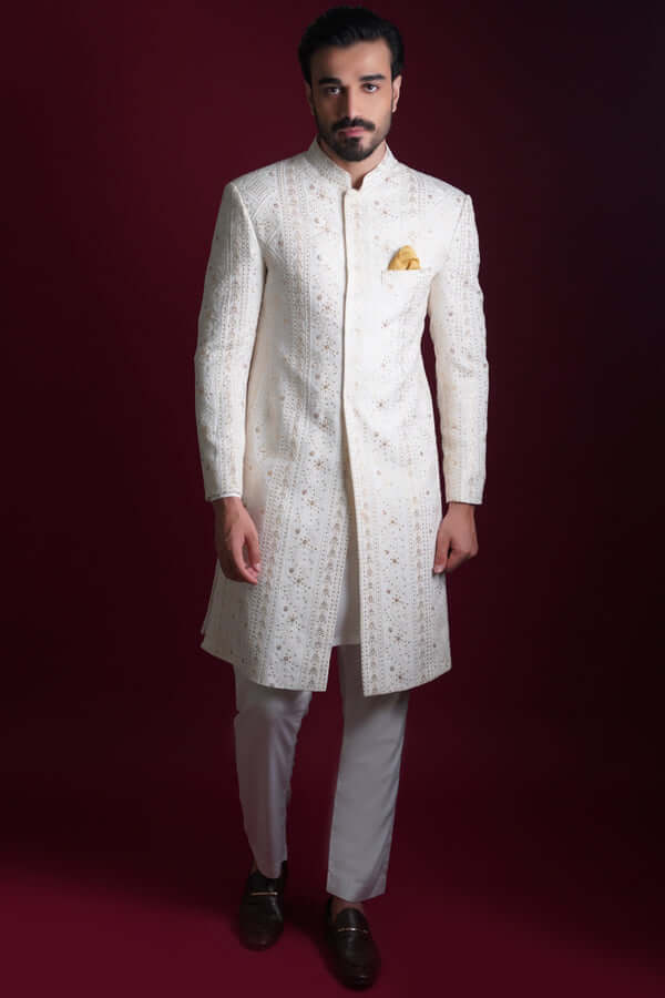 Off-White Resham Embroidered Silk-Blend Sherwani (3-Piece) - Image 1