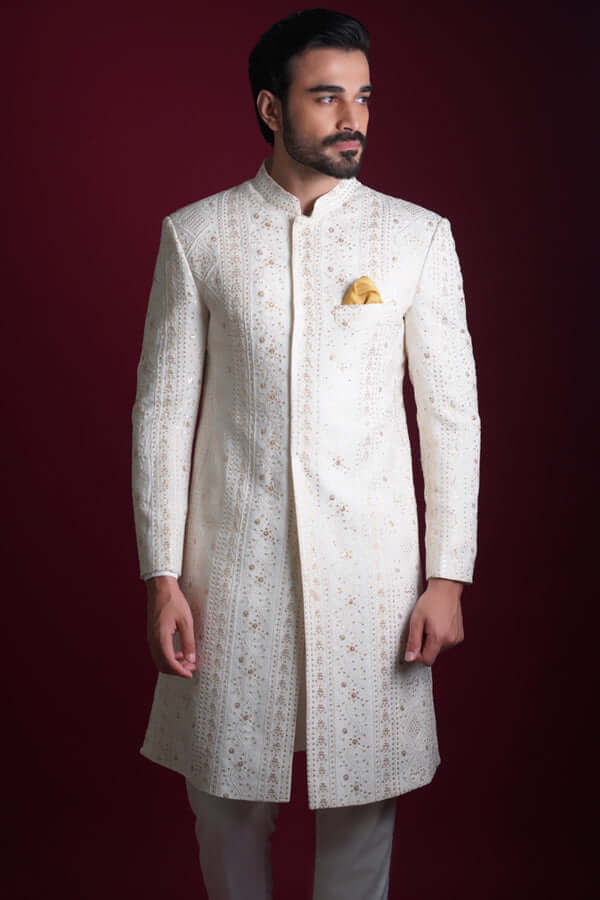 Off-White Resham Embroidered Silk-Blend Sherwani (3-Piece) - Image 3