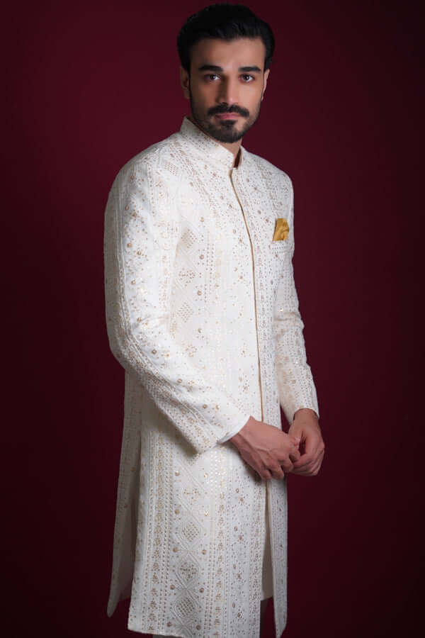 Off-White Resham Embroidered Silk-Blend Sherwani (3-Piece) - Image 4