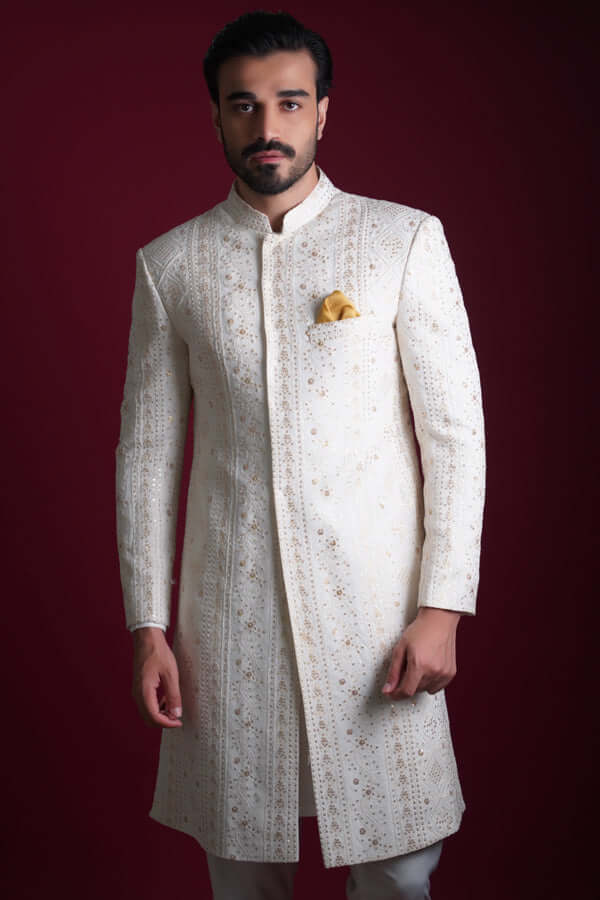Off-White Resham Embroidered Silk-Blend Sherwani (3-Piece) - Image 5