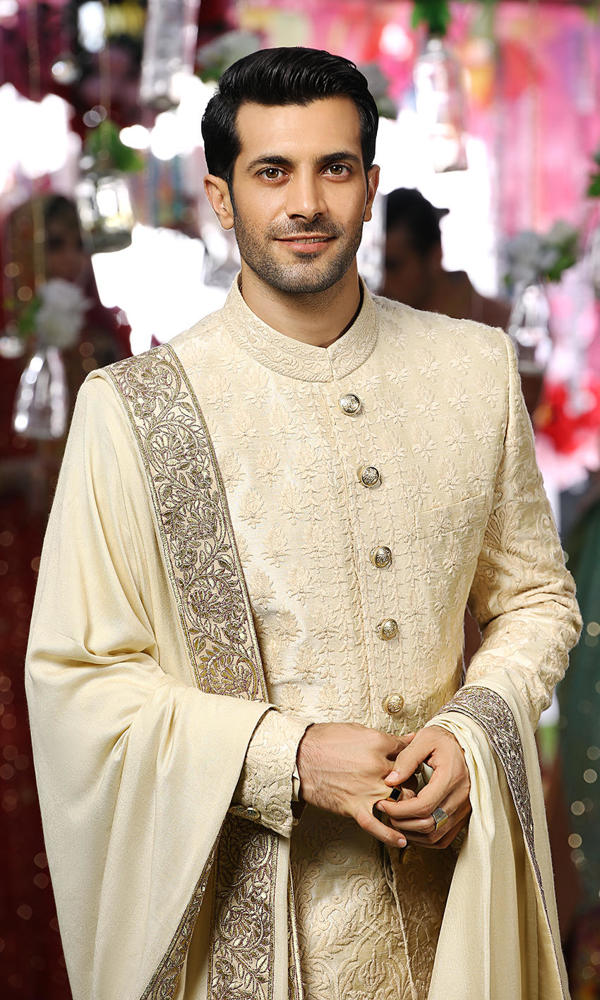 Ivory Self-Embroidered Silk-Blend Sherwani (3-Piece) - Image 3
