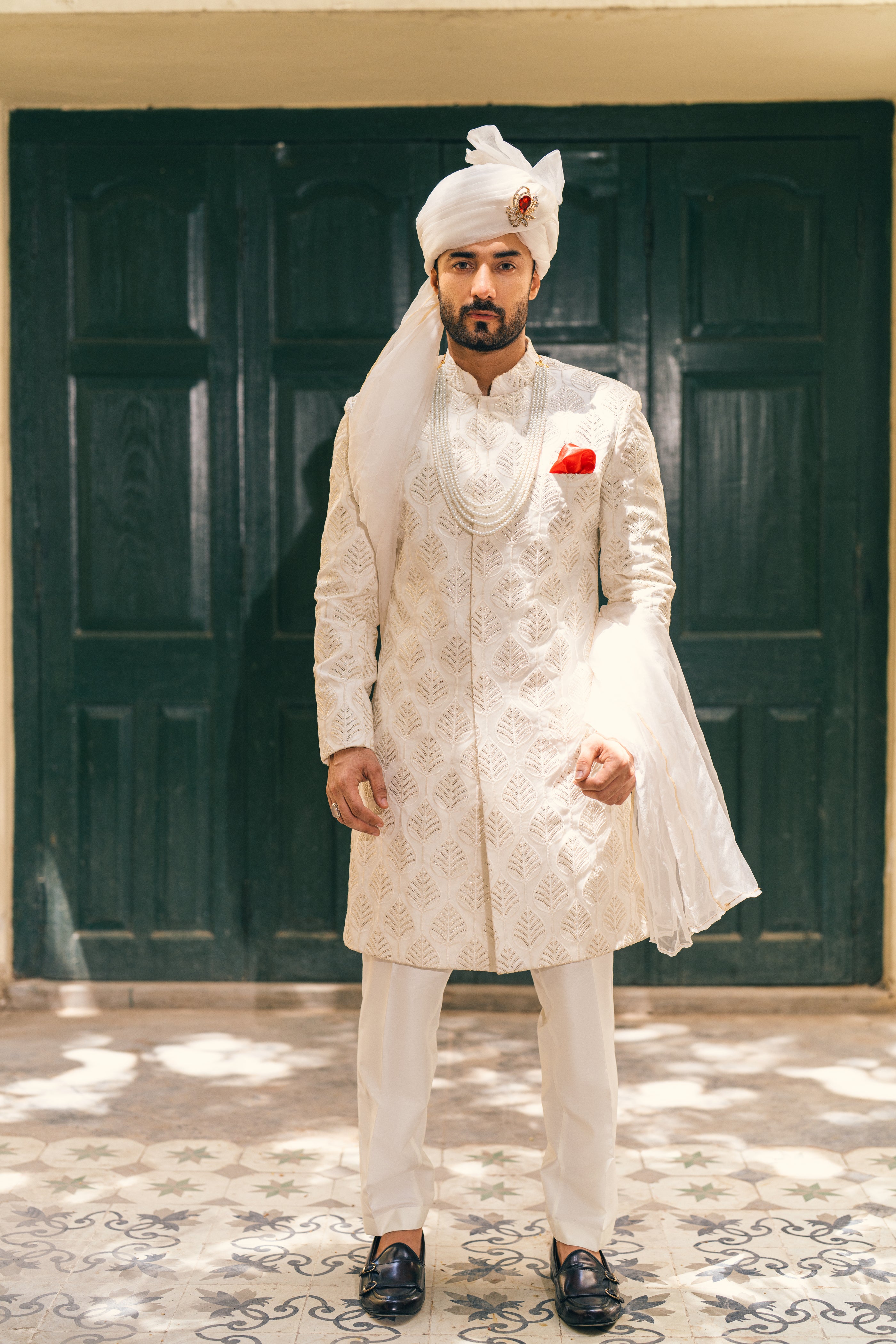 Ivory Sequin Embroidered Silk-Blend Sherwani (3-Piece) - Image 2