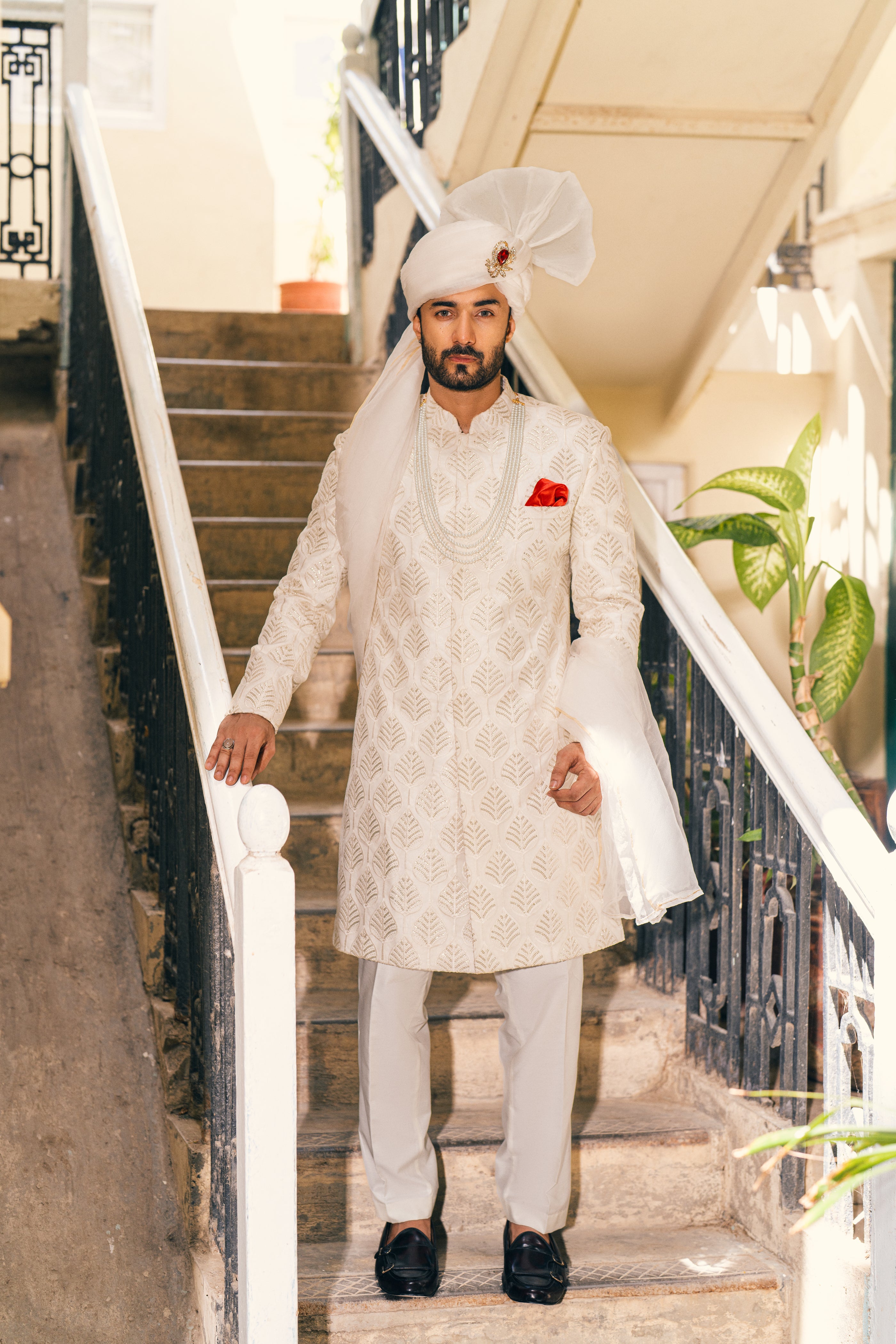 Ivory Sequin Embroidered Silk-Blend Sherwani (3-Piece) - Image 4