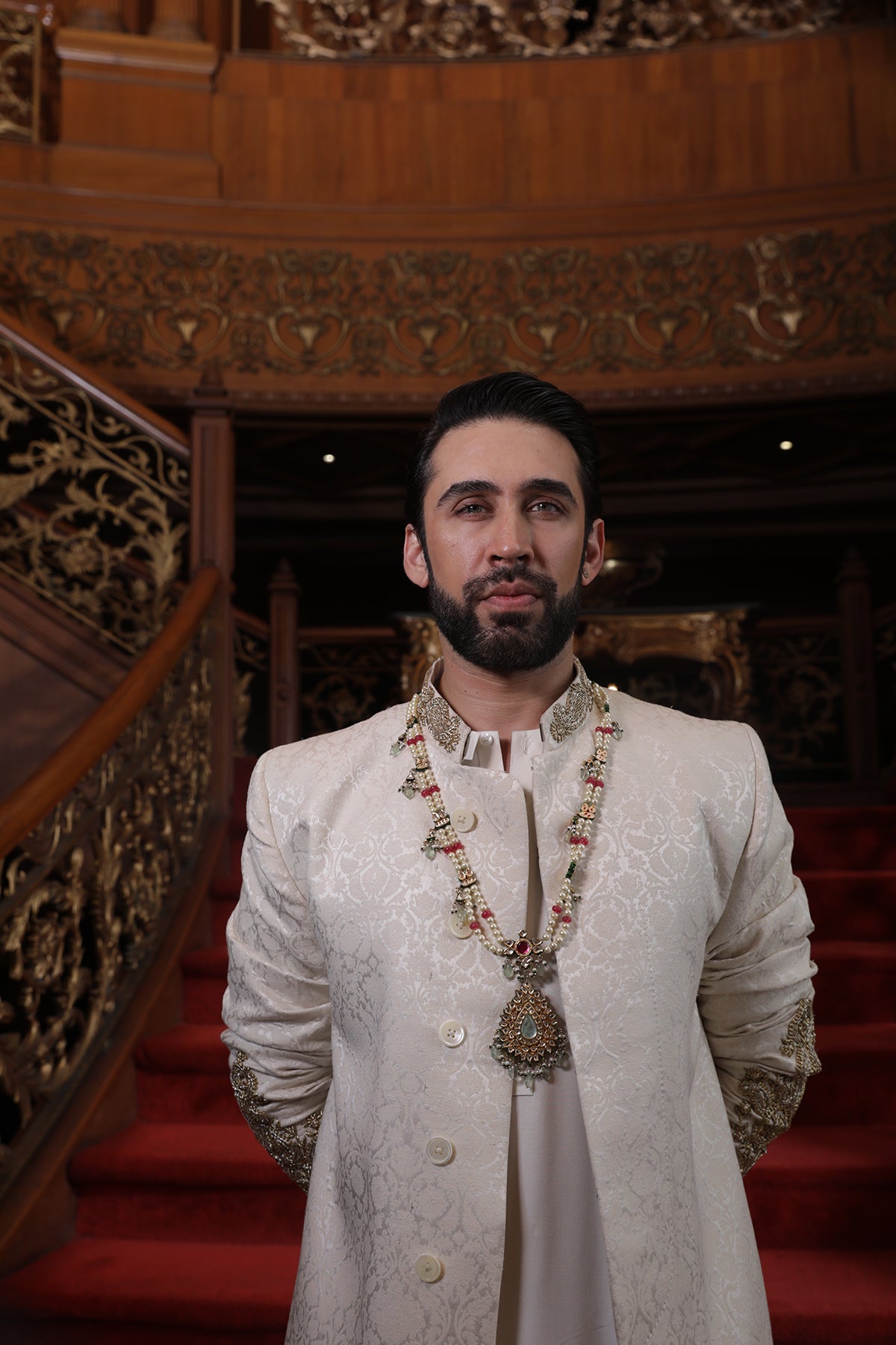 Ivory White Hand-Embellished Silk-Blend Sherwani (3-Piece) - Image 2