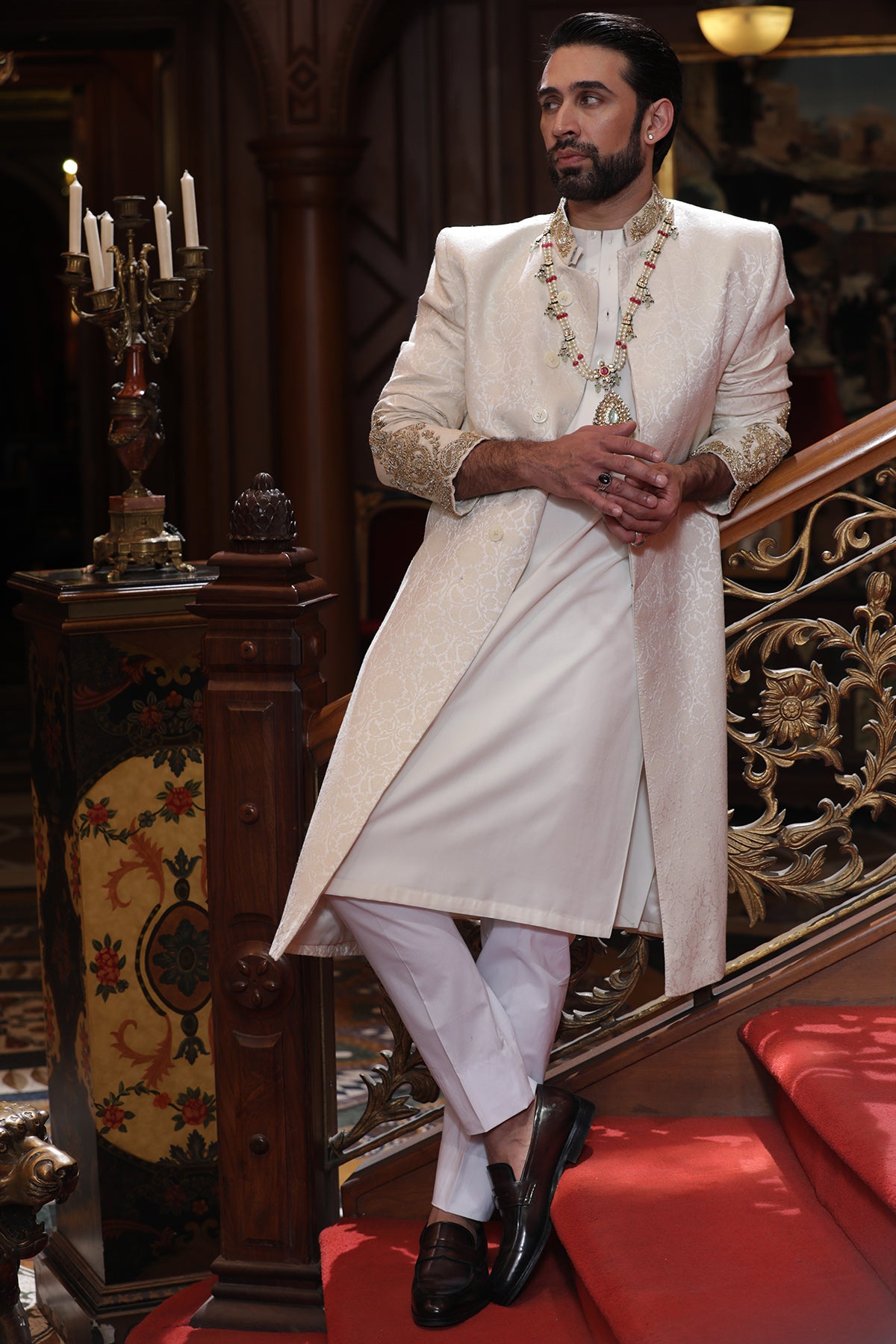 Ivory White Hand-Embellished Silk-Blend Sherwani (3-Piece) - Image 3