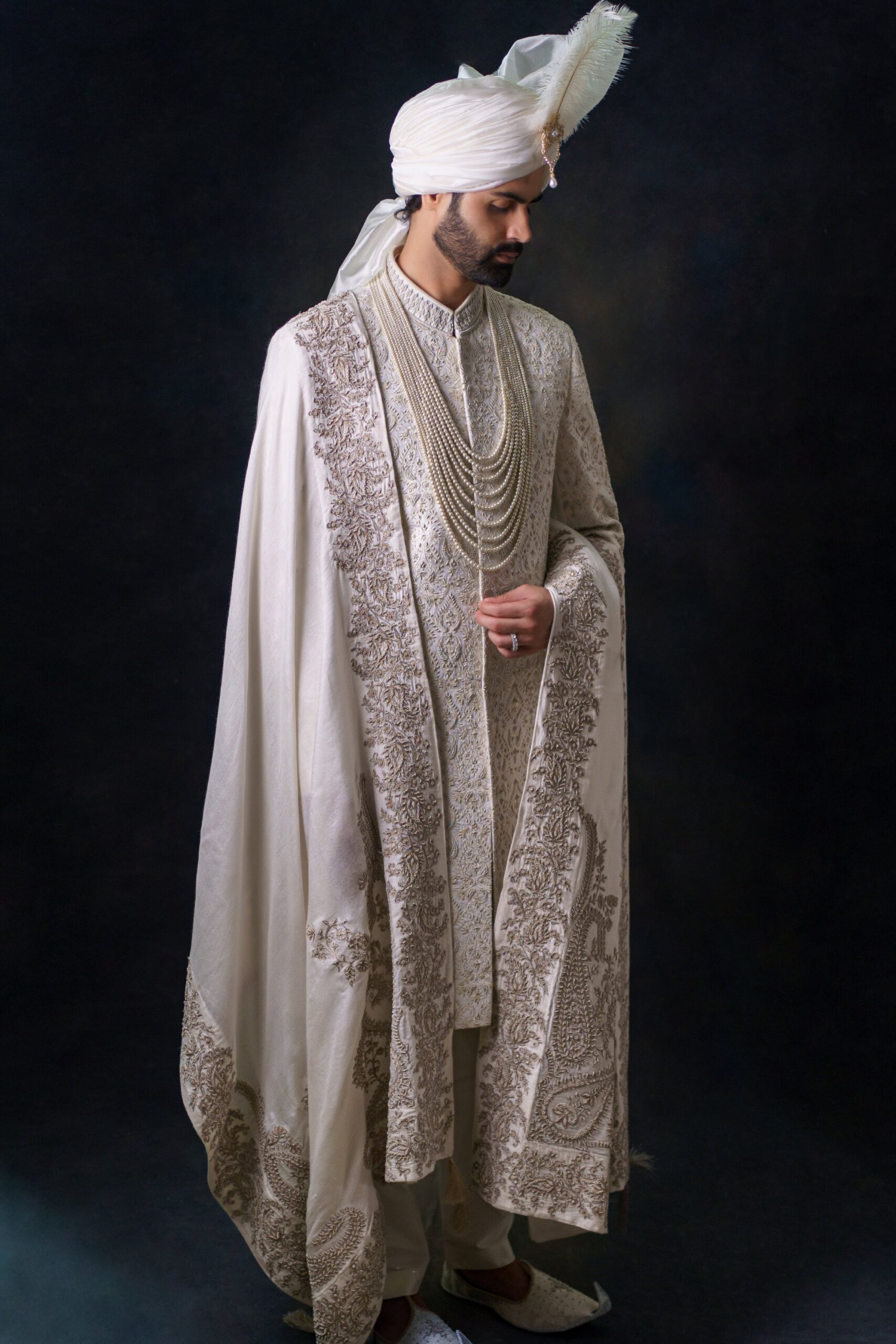 Ivory Kora & Filigree Embroidered Silk-Blend Sherwani (3-Piece) - Image 3