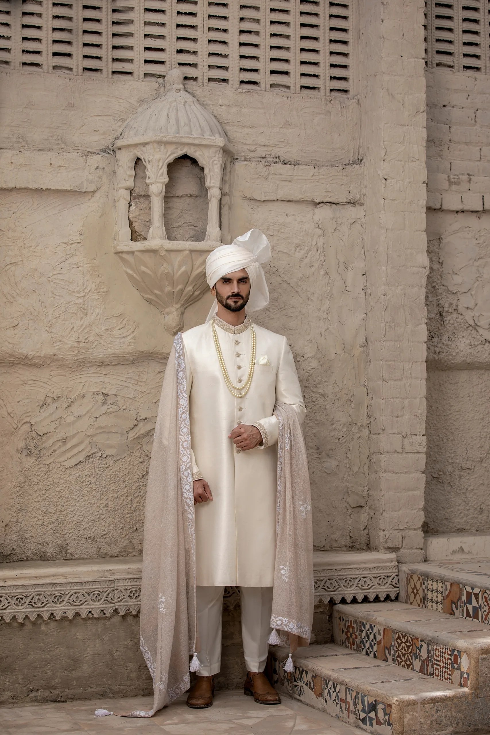 Ivory Embroidered Silk-Blend Groom Sherwani (3-Piece) - Image 2