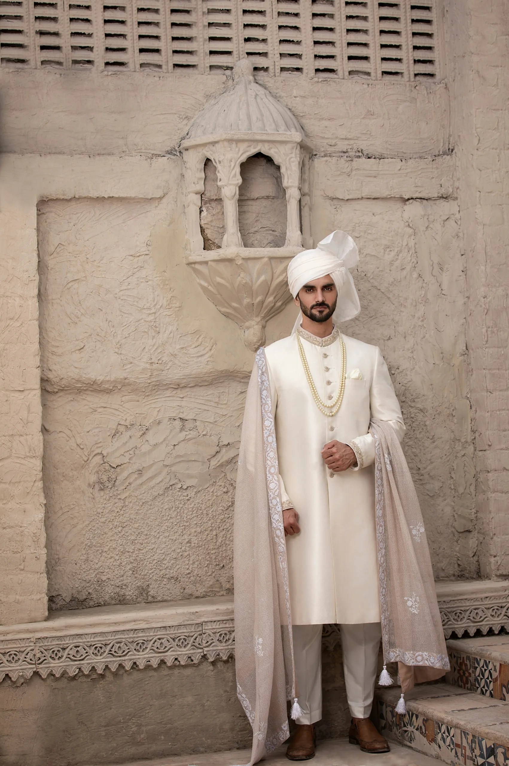 Ivory Embroidered Silk-Blend Groom Sherwani (3-Piece) - Image 3
