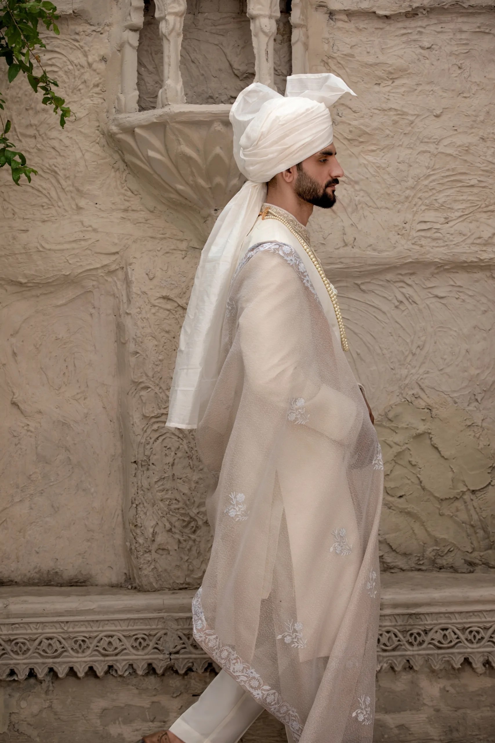 Ivory Embroidered Silk-Blend Groom Sherwani (3-Piece) - Image 4