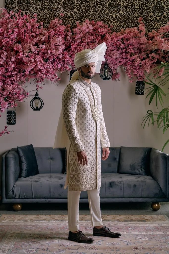 Off-White Embroidered Silk-Blend Sherwani (2-Piece) - Image 1