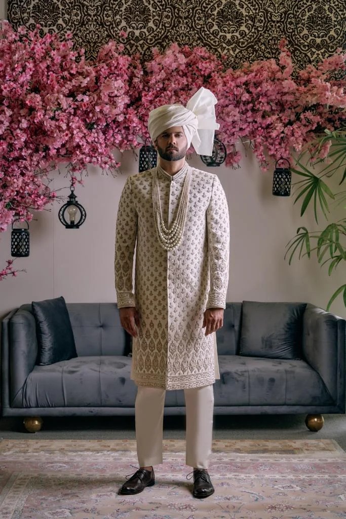 Off-White Embroidered Silk-Blend Sherwani (2-Piece) - Image 4