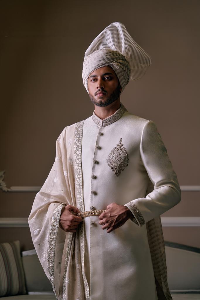 Off-White Lace & Motif Silk-Blend Groom Sherwani (3-Piece) - Image 1