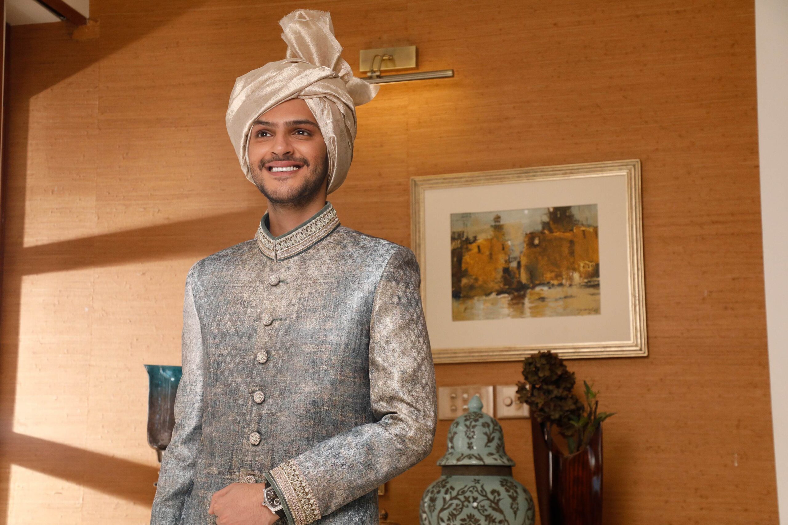 Smoke Off-White Textured Silk-Blend Sherwani (3-Piece) - Image 1