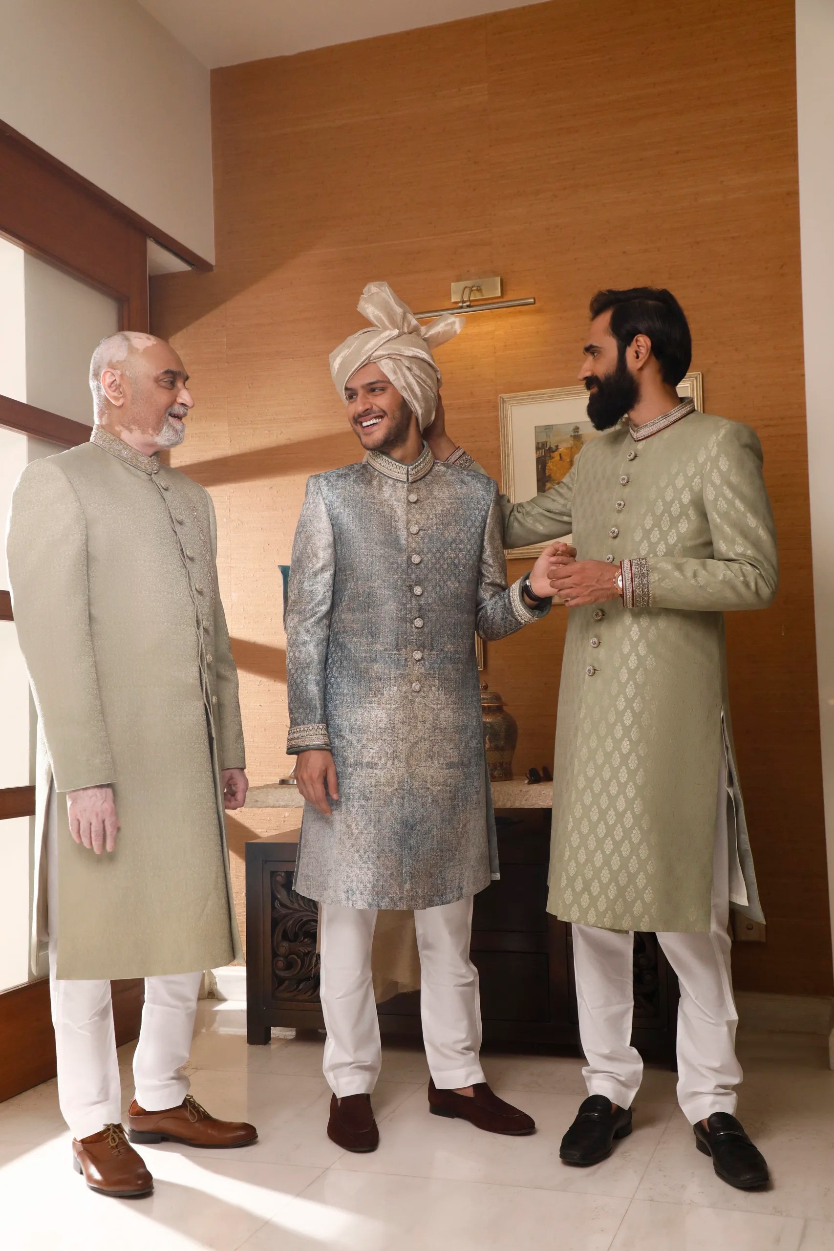 Smoke Off-White Textured Silk-Blend Sherwani (3-Piece) - Image 2