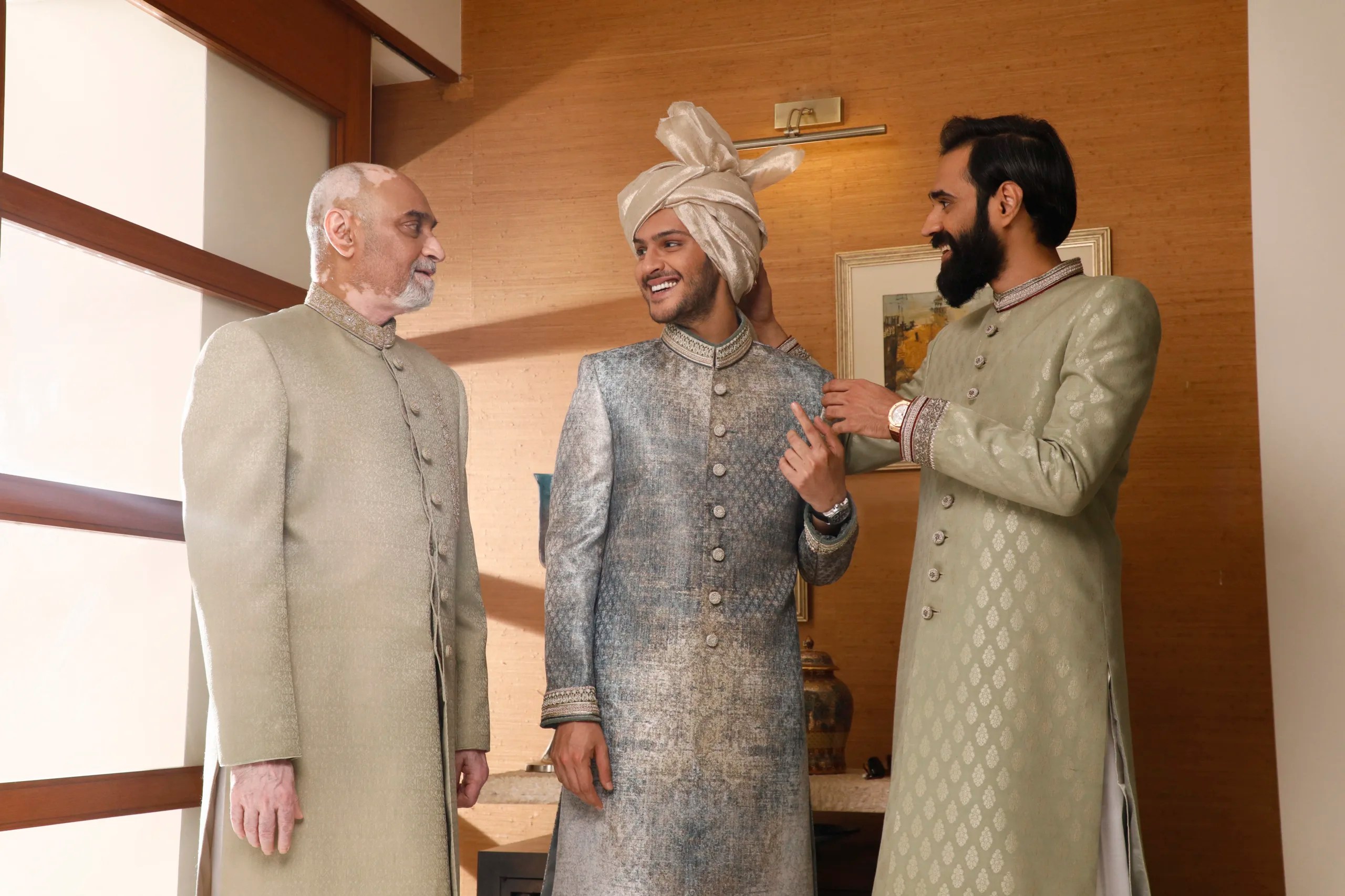 Smoke Off-White Textured Silk-Blend Sherwani (3-Piece) - Image 4