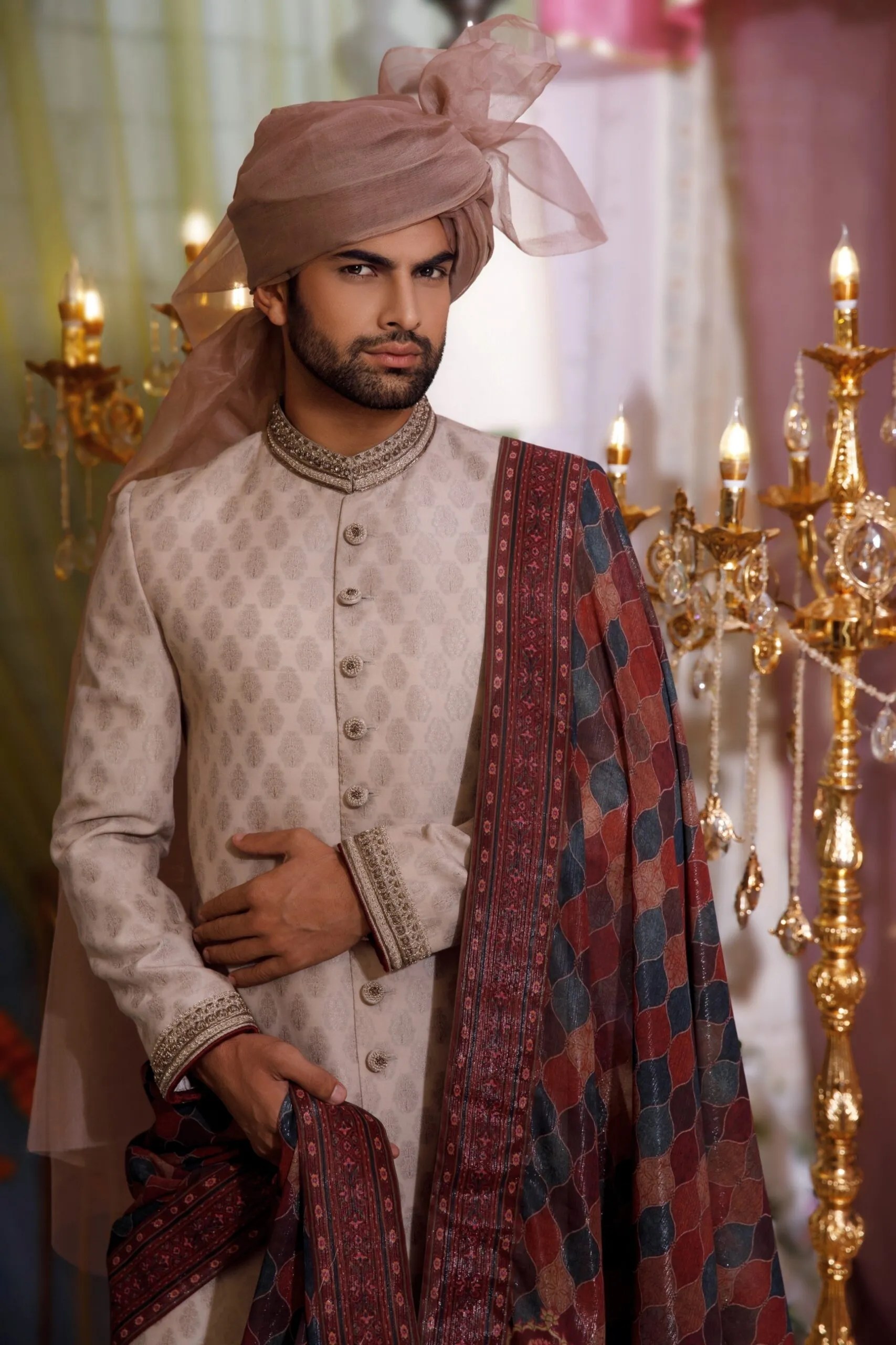 Ivory Floral Embroidered Silk-Blend Groom Sherwani (3-Piece) - Image 1