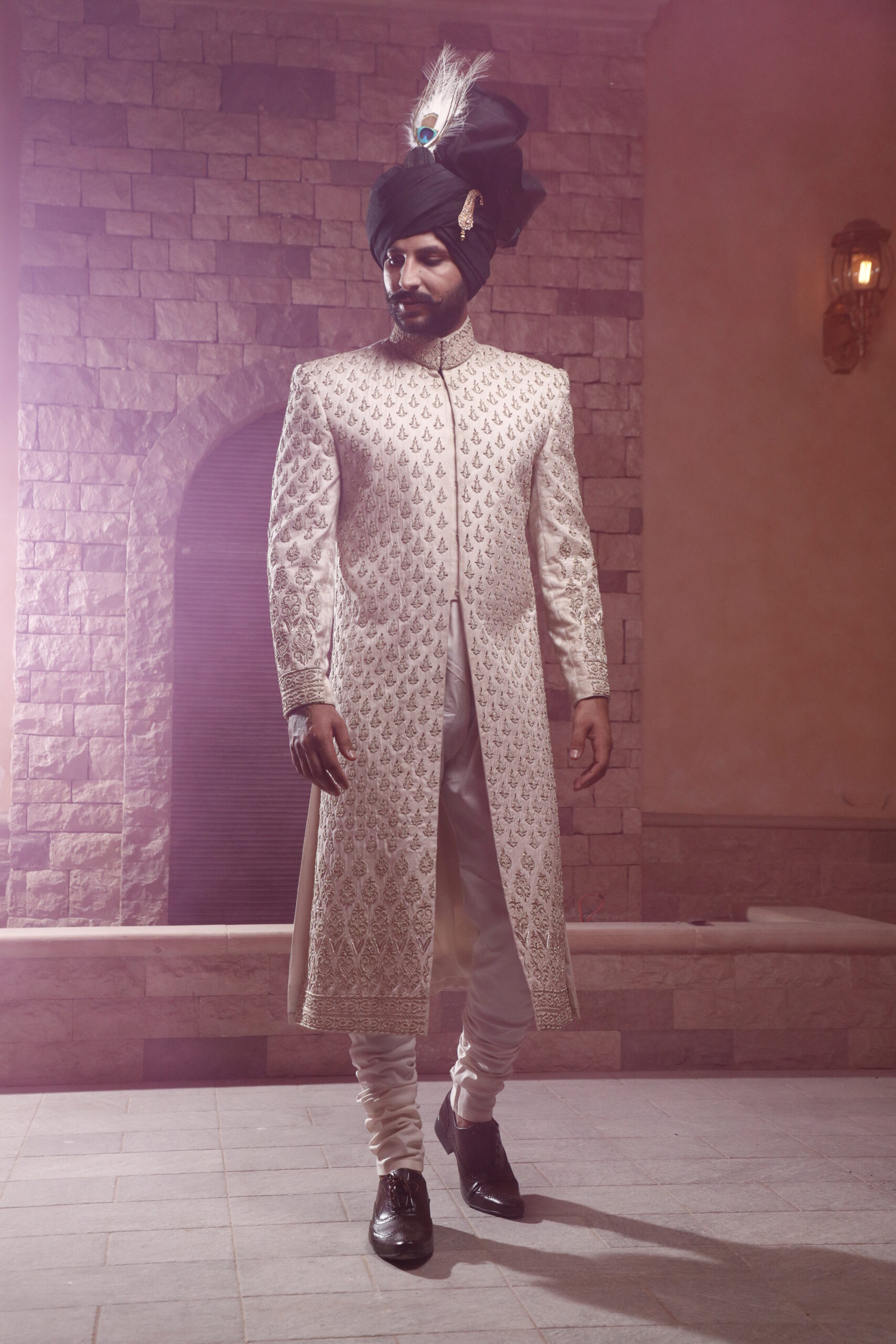 Off-White Embroidered Silk-Blend Groom Sherwani (3-Piece) - Image 2