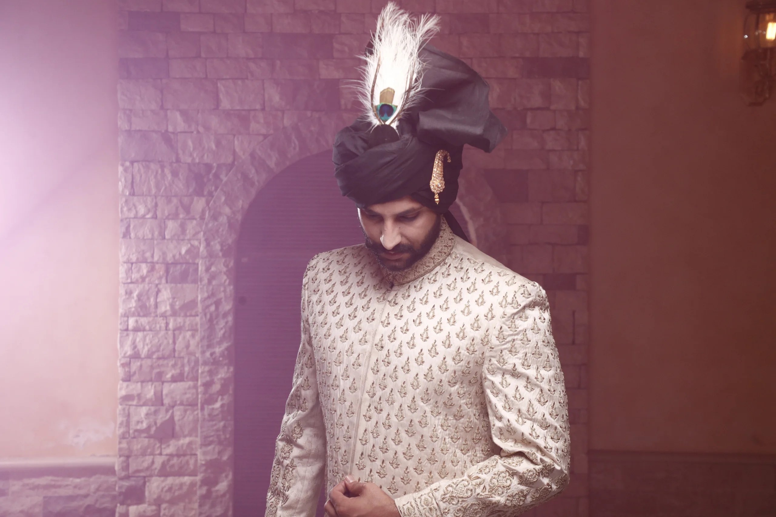 Off-White Embroidered Silk-Blend Groom Sherwani (3-Piece) - Image 3