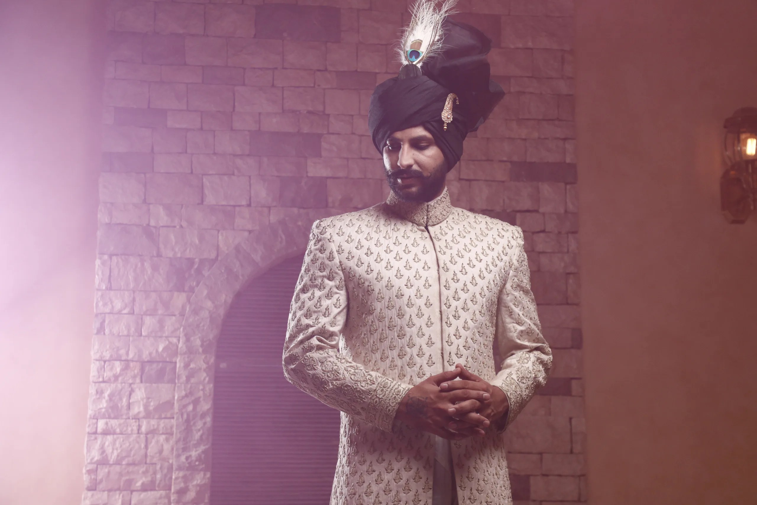 Off-White Embroidered Silk-Blend Groom Sherwani (3-Piece) - Image 4